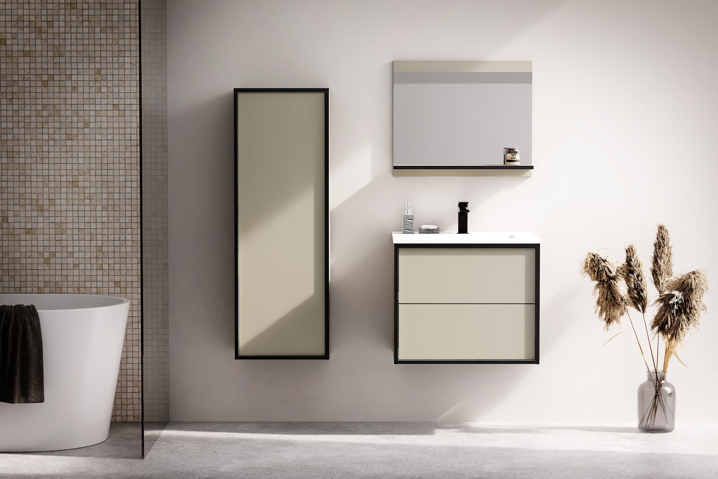 welltime Waschtisch »Waschbeckenunterschrank Line mit Waschbecken,Badmöbel,zwei Schubladen«, Badschrank mit Waschbecken, Push to open, Maße B/H/T: 61/53/47 cm