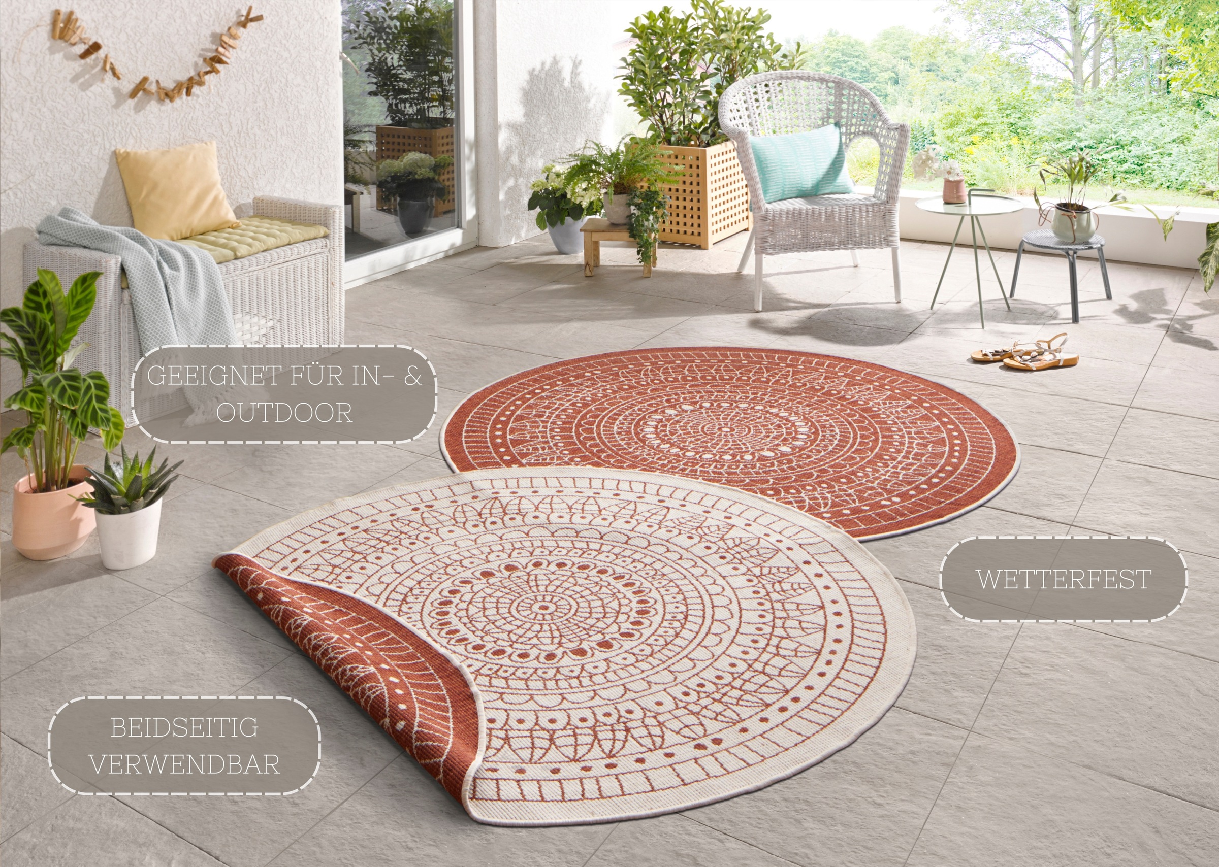 2. Bild von NORTHRUGS Teppich »Porto Wendeteppich«, rund, In-& Outdoor, Wetterfest, Balkon, Garten, Wohnzimmer, Wasserfest