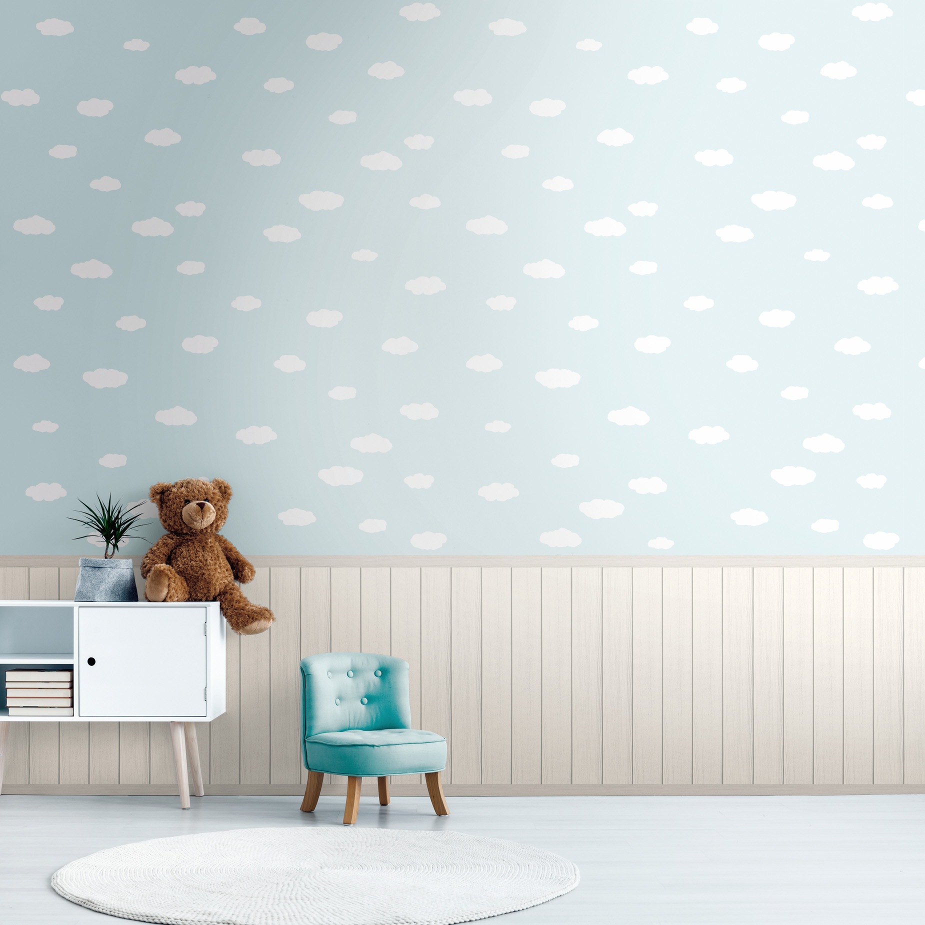 living walls Fototapete »Wallpanel Tapete Wandpaneele Motivtapete Wolken Landhaus«, matt, Vliestapete Kinderzimmer für Schlafzimmer Wohnzimmer Wandpaneele Flur