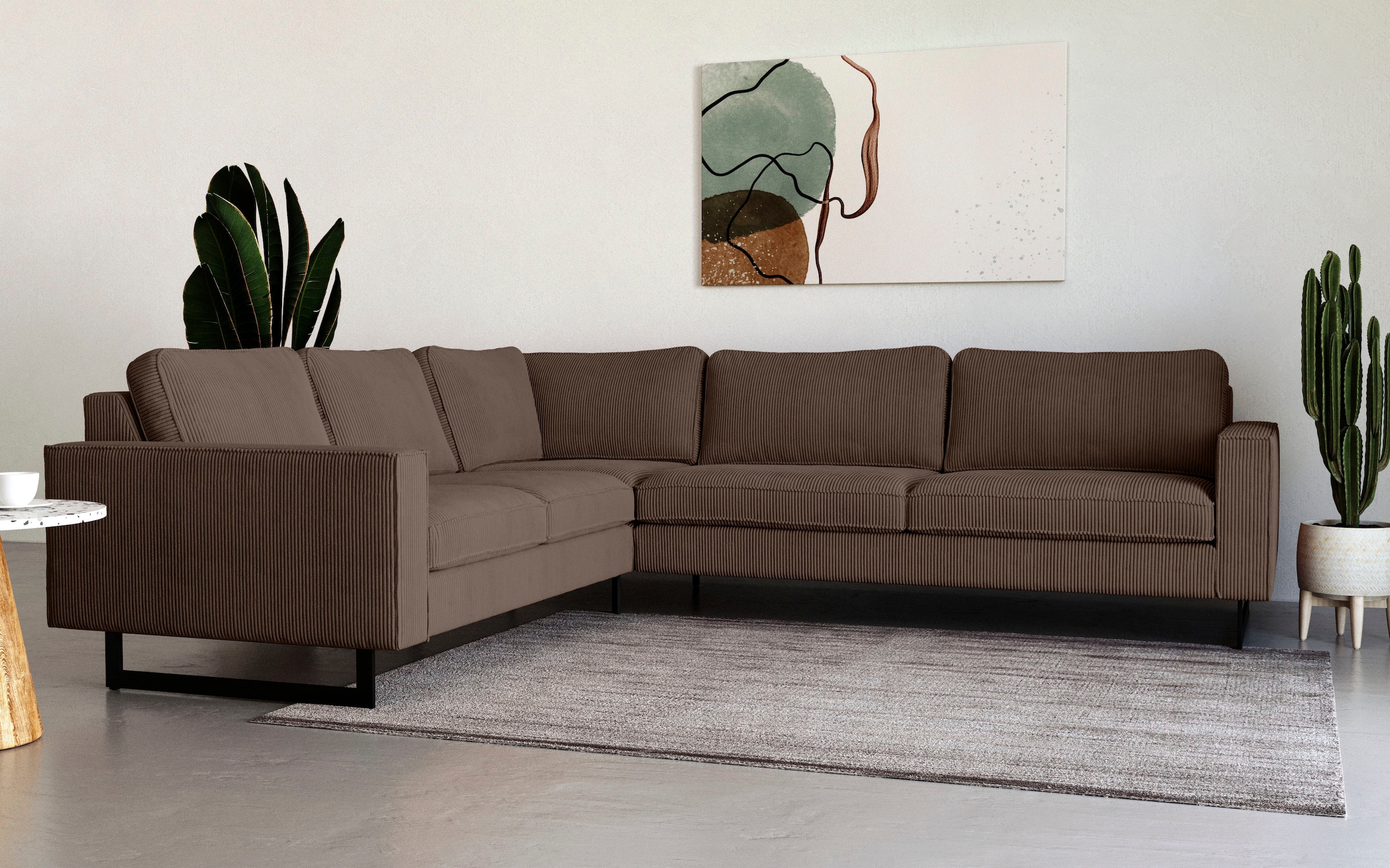 Home affaire Ecksofa »Pinto, XXL, 250/290 cm, langer Schenkel, Ottomane« Cord, Chenille, Lederoptik, mit Keder, Metallfüße, Wellenunterfederung