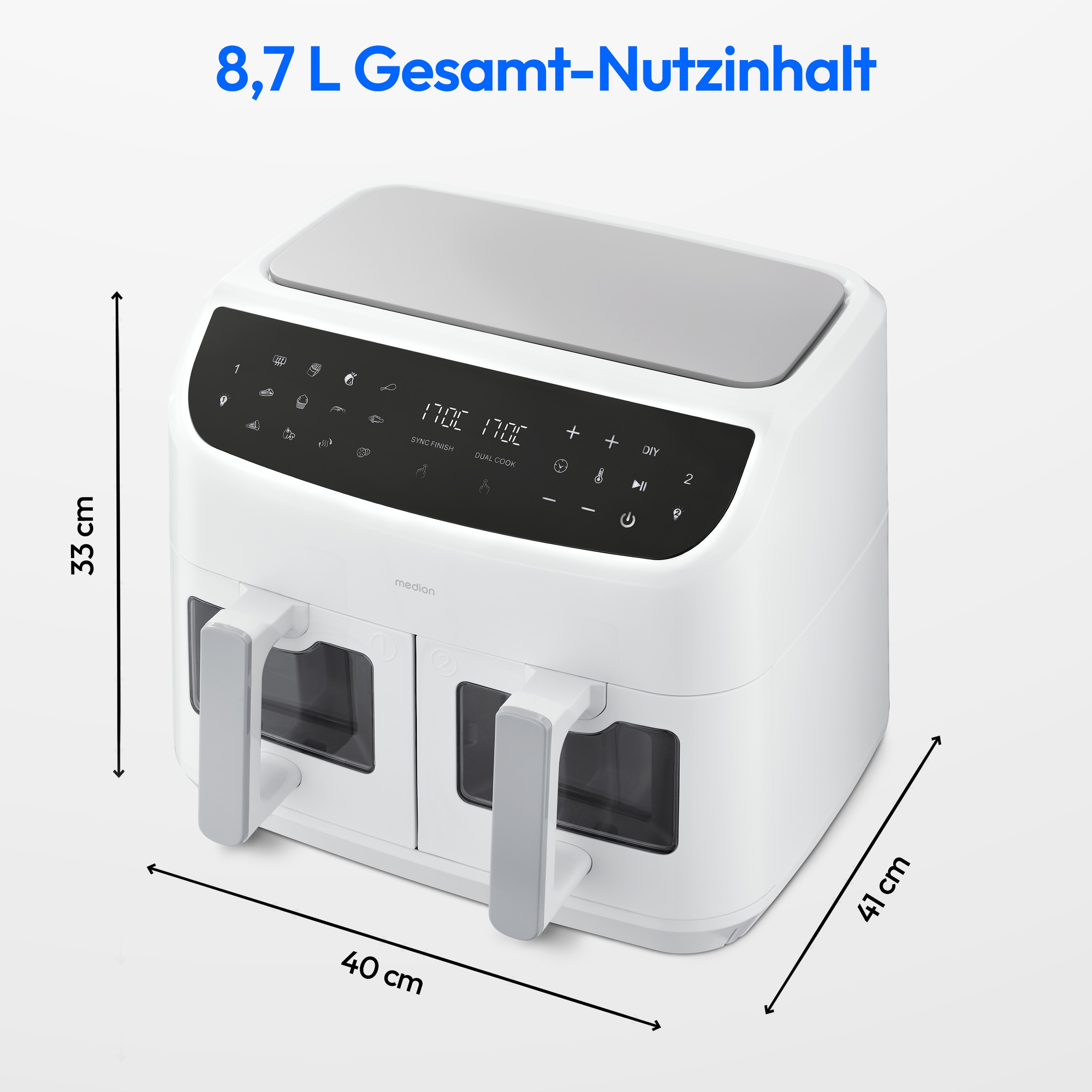 Medion® Heißluftfritteuse »P20 XL (MD 11760) 8,7 L Korbvolumen, 9 Automatikprogramme, Dual Cook«, 2400 W, Temperatur 50 - 200 °C, ILAG Beschichtung, Sync-Finish
