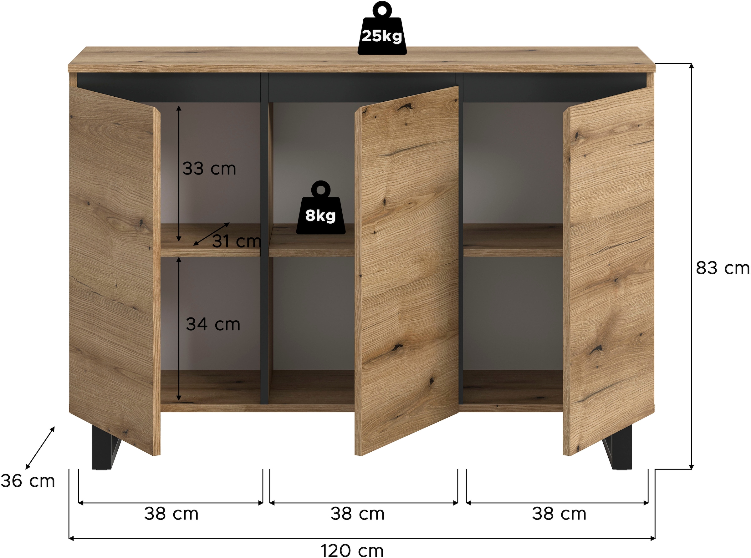 INOSIGN Sideboard »TOMA, Breite: 120 cm, mit Metall-Kufen-Fuß, 3 Türen, 3 Einlegeböden«, Anrichte, Kommode, Schrank, Board, Higboard