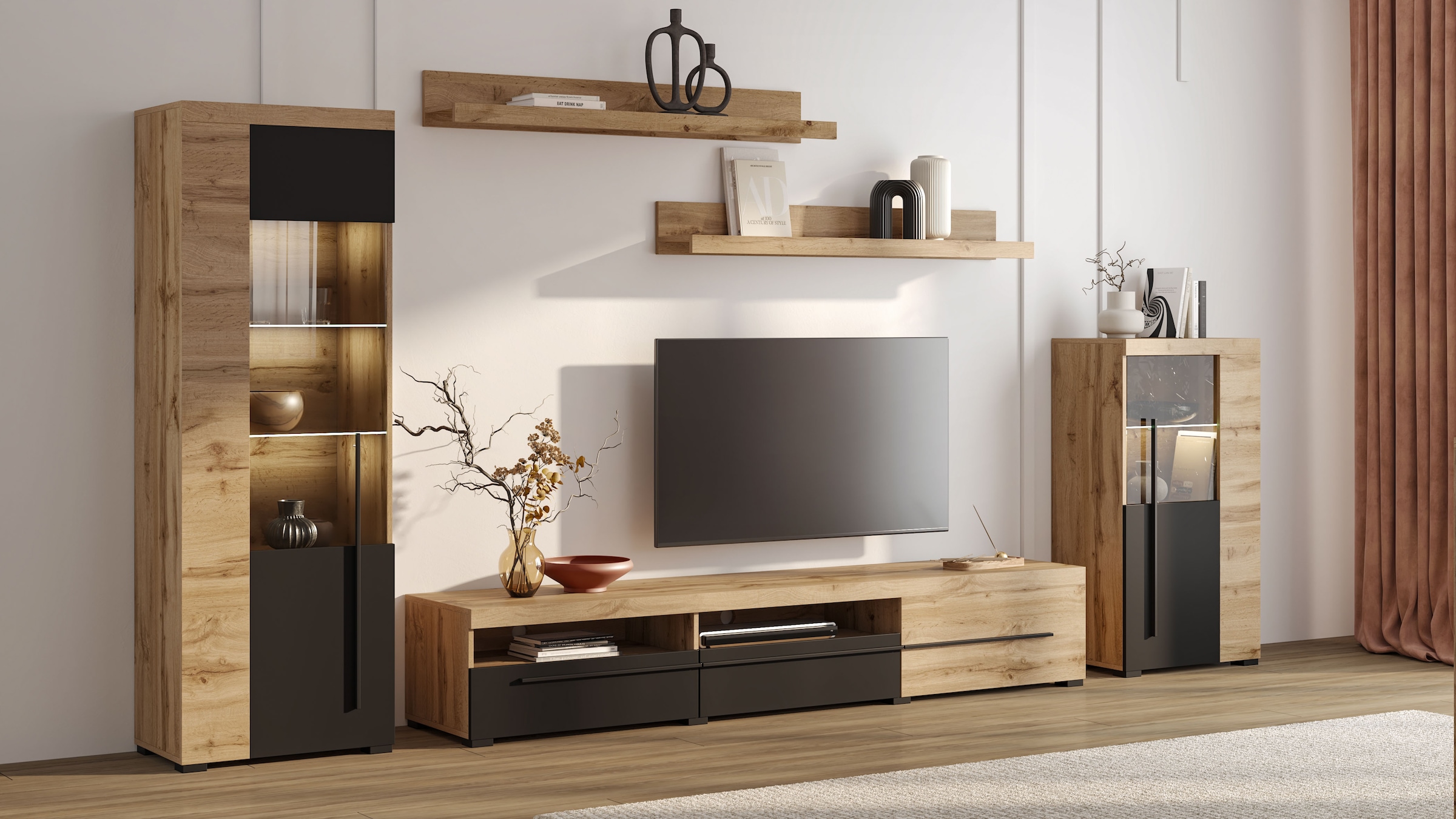 INOSIGN Wohnwand »Roger,Breite 270 cm moderne Mediawand ohne Beleuchtung«, (Set, 5 St.), Anbuwand (Set,5-St) viel Stauraum, Vitrinen mit Glastür