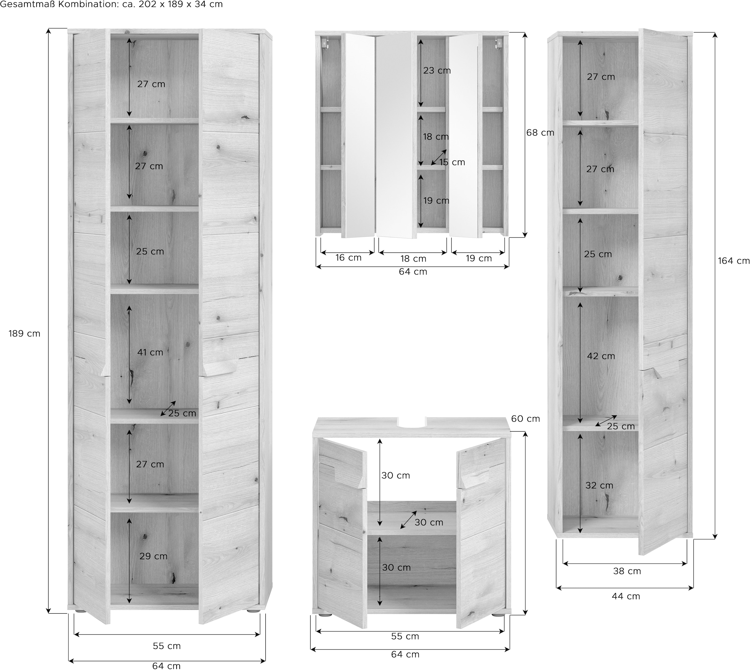 welltime Badmöbel-Set »Kayu, bestehend aus: 2 Hochschränken, Waschbeckenunterschrank,«, Spiegelschrank, hochwertige MDF Front mit Rillenfräsung, Bad, Bad Set