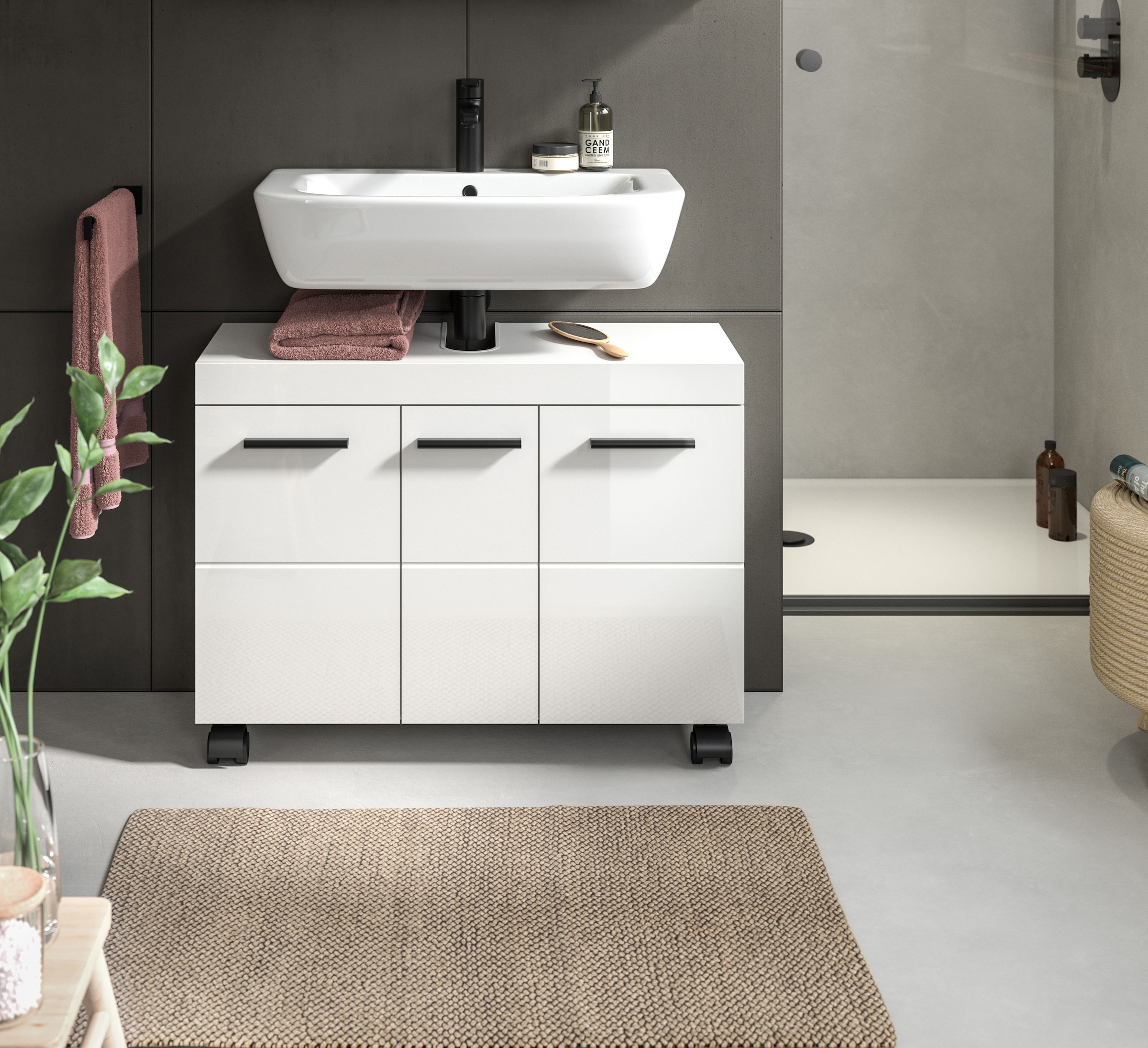 welltime Waschbeckenunterschrank »AVON, Breite 80 cm, 3 Türen, 3 Einlegböden, 6 Fächer« mit Siphonausschnitt 22x8 cm, Rückwand mit Ausschitt,  Badmöbel, Badschrank, Unterschrank, Waschtisch, Kommode, Bad