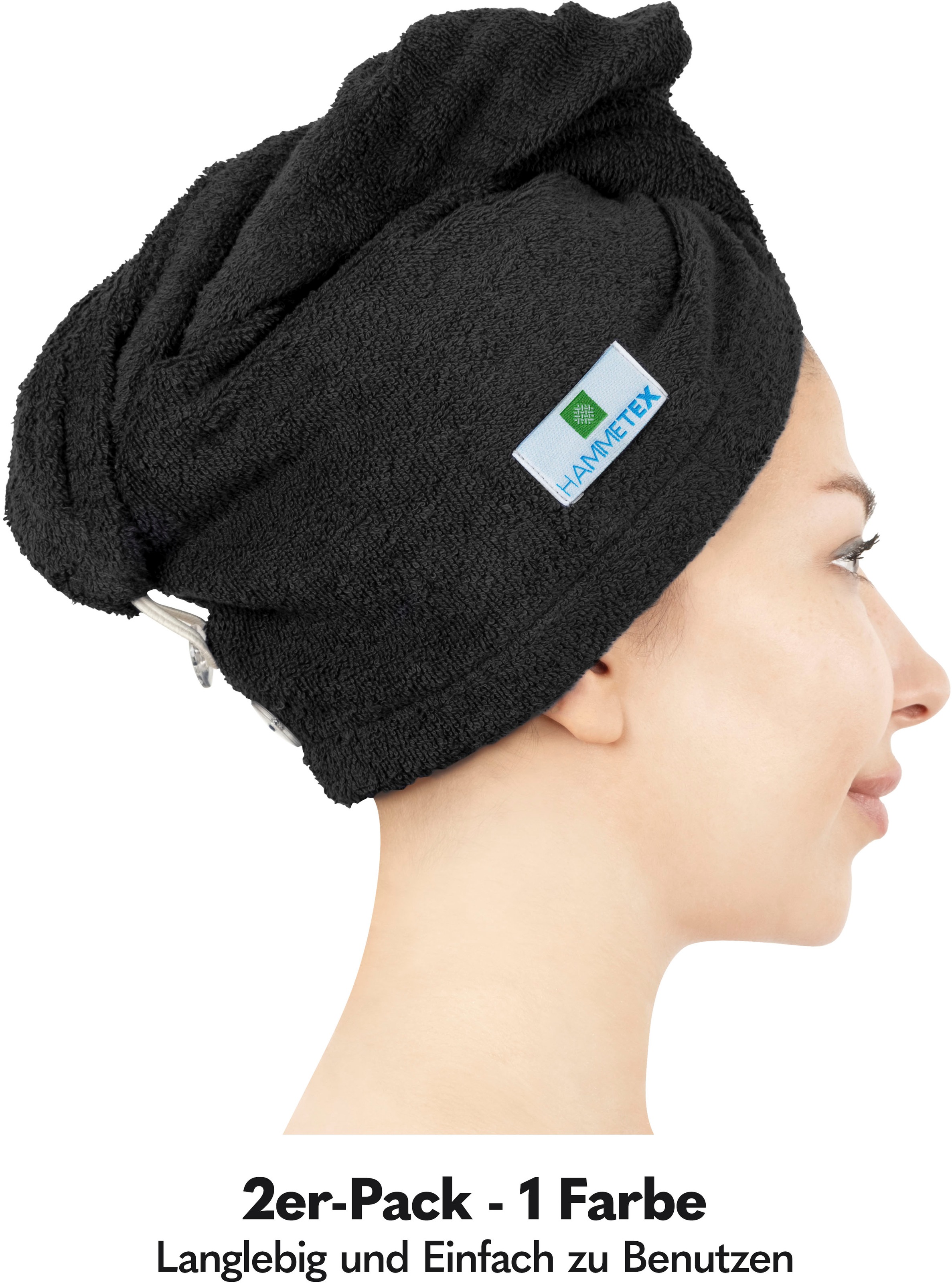 HAMMETEX Turban-Handtuch »2er Set Haarturban Damen, 100% Baumwolle, Flauschig & Schnelltrocknend«, (Set, 2 St., 2), Uni-Farben, weich