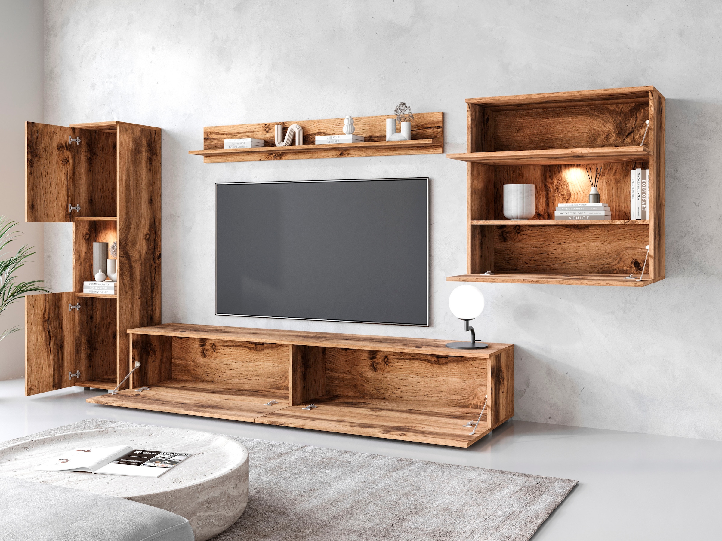 INOSIGN Wohnwand »PARIS, Vitrine Türanschlag links/rechts wechselbar«, (Komplett-Set, 4 St.), grifflose Design, stehend und hängend montierbar