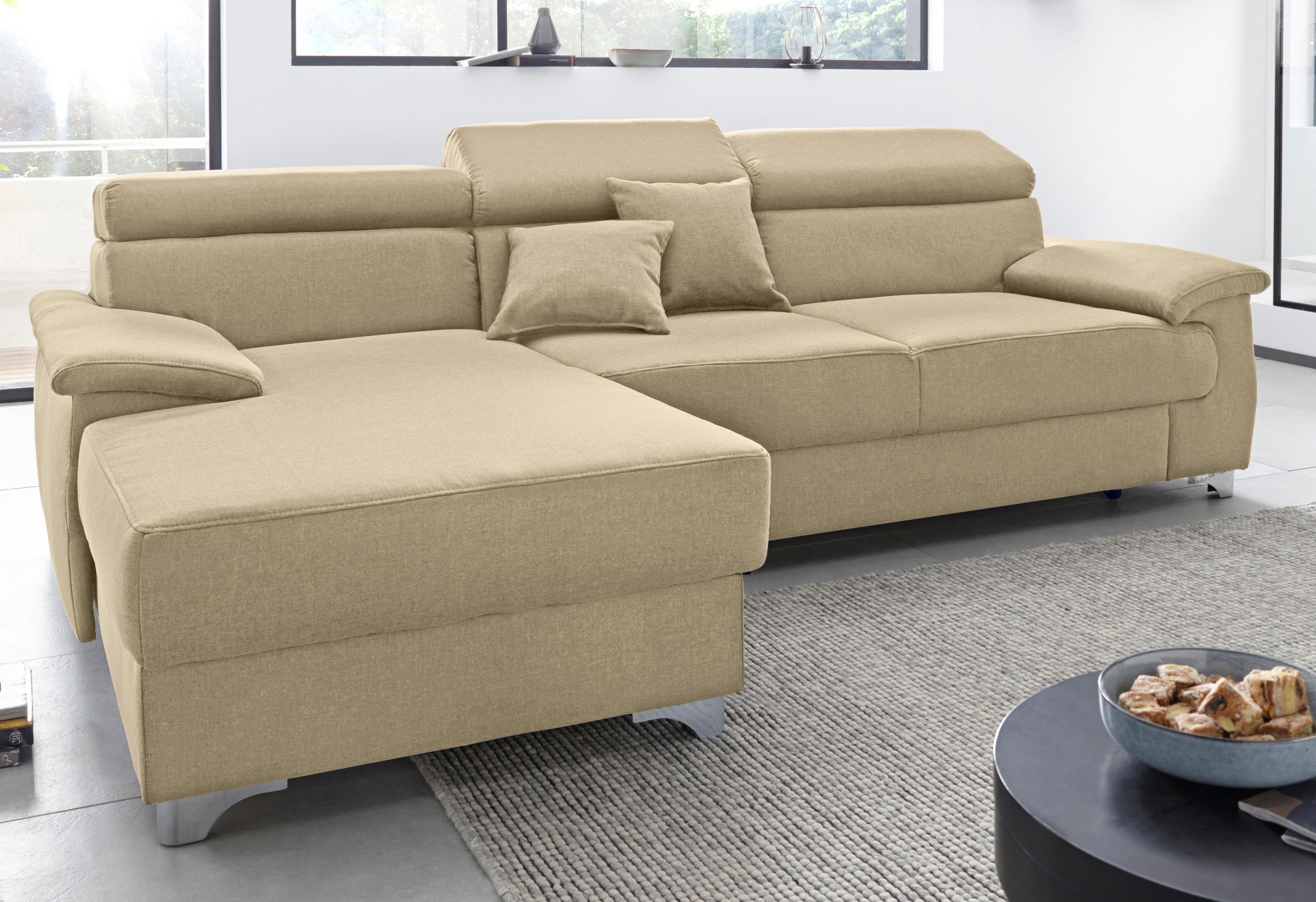 DOMO collection Ecksofa »Mira, inklusive Kopfteilverstellung für mehr Wohlfühlkomfort, L-Form«, wahlweise mit Bettfunktion und Bettkasten, elegant und modern