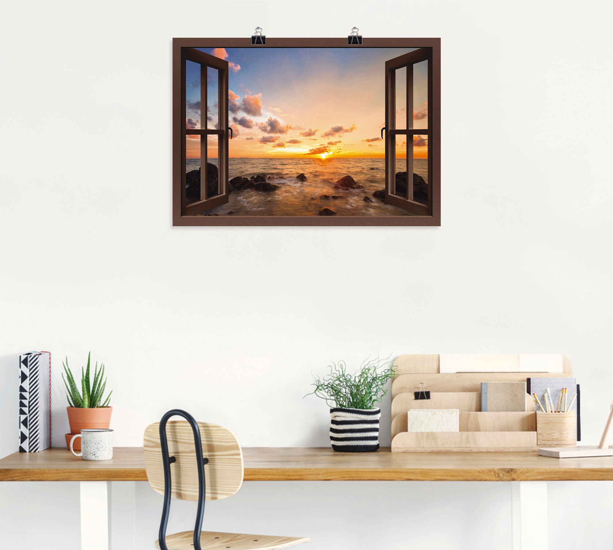 Artland Wandbild »Fensterblick Sonnenuntergang am Meer«, Fensterblick, (1 St.), als Alubild, Outdoorbild, Leinwandbild, Poster, Wandaufkleber