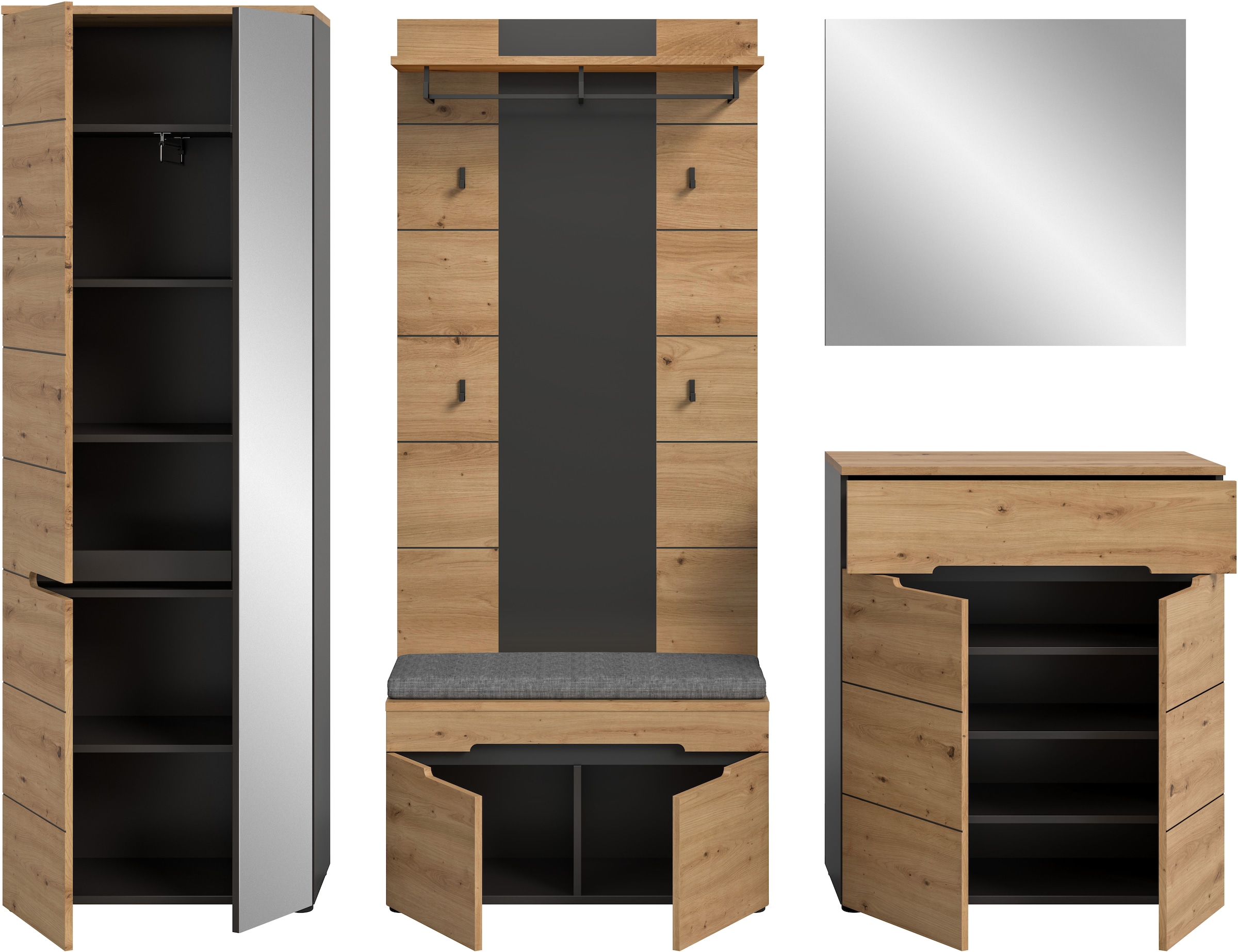 INOSIGN Garderoben-Set, (Set, 6 St., bestehend aus: Schrank, Sitzbank, Sitzkissen, Paneel, Spiegel, Kommode), Garderobenkombination, Kombination, Set, Flurgarderobe, Diele