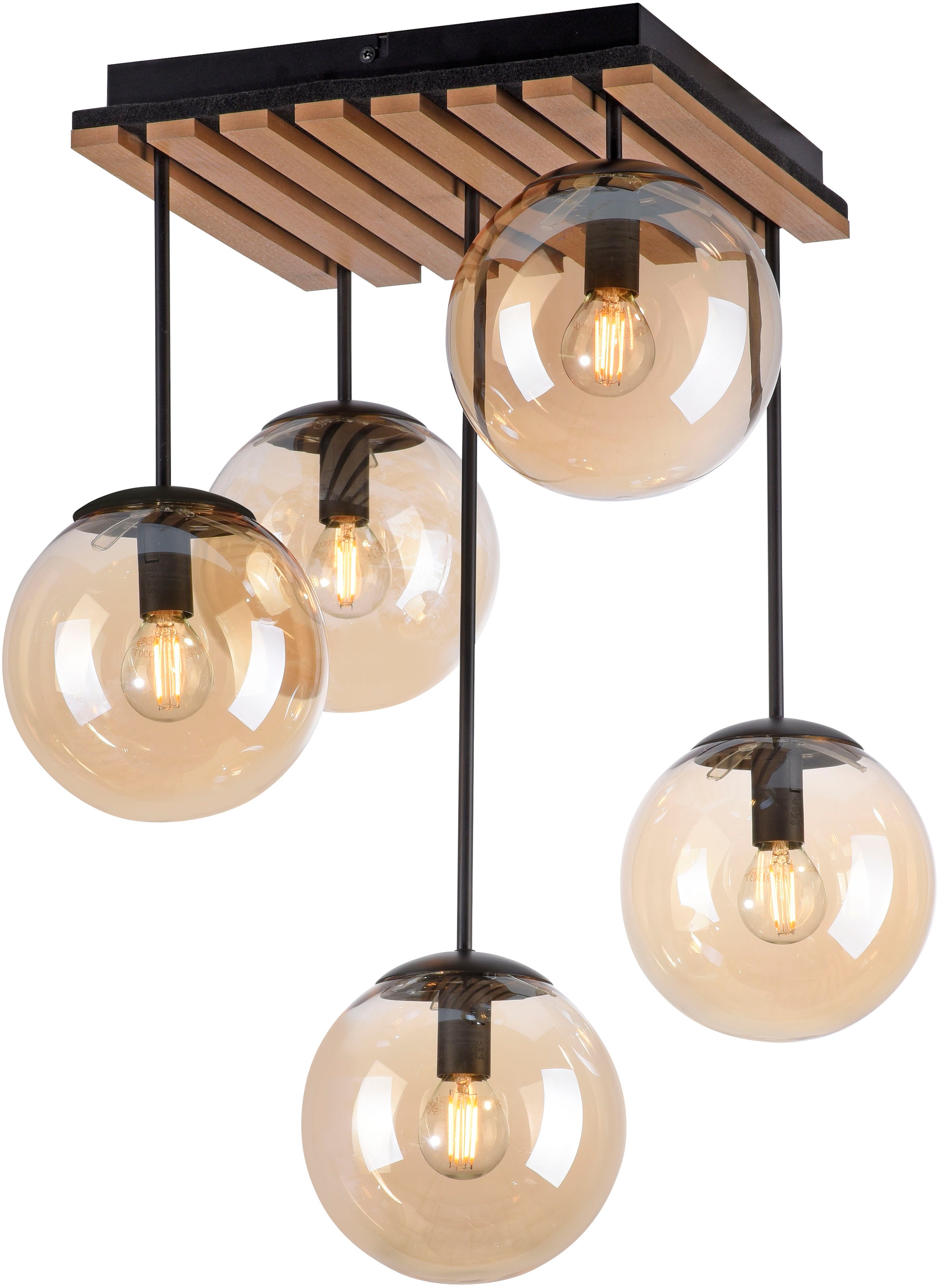 Leonique Deckenleuchte »Erinette Akustikpaneele mit Glaskugeln«, 5 flammig, Leuchtmittel E14 | ohne Leuchtmittel-Leuchtmittel wechselbar, Holz, Akustik, Paneele, Glas, Deckenlampe E14
