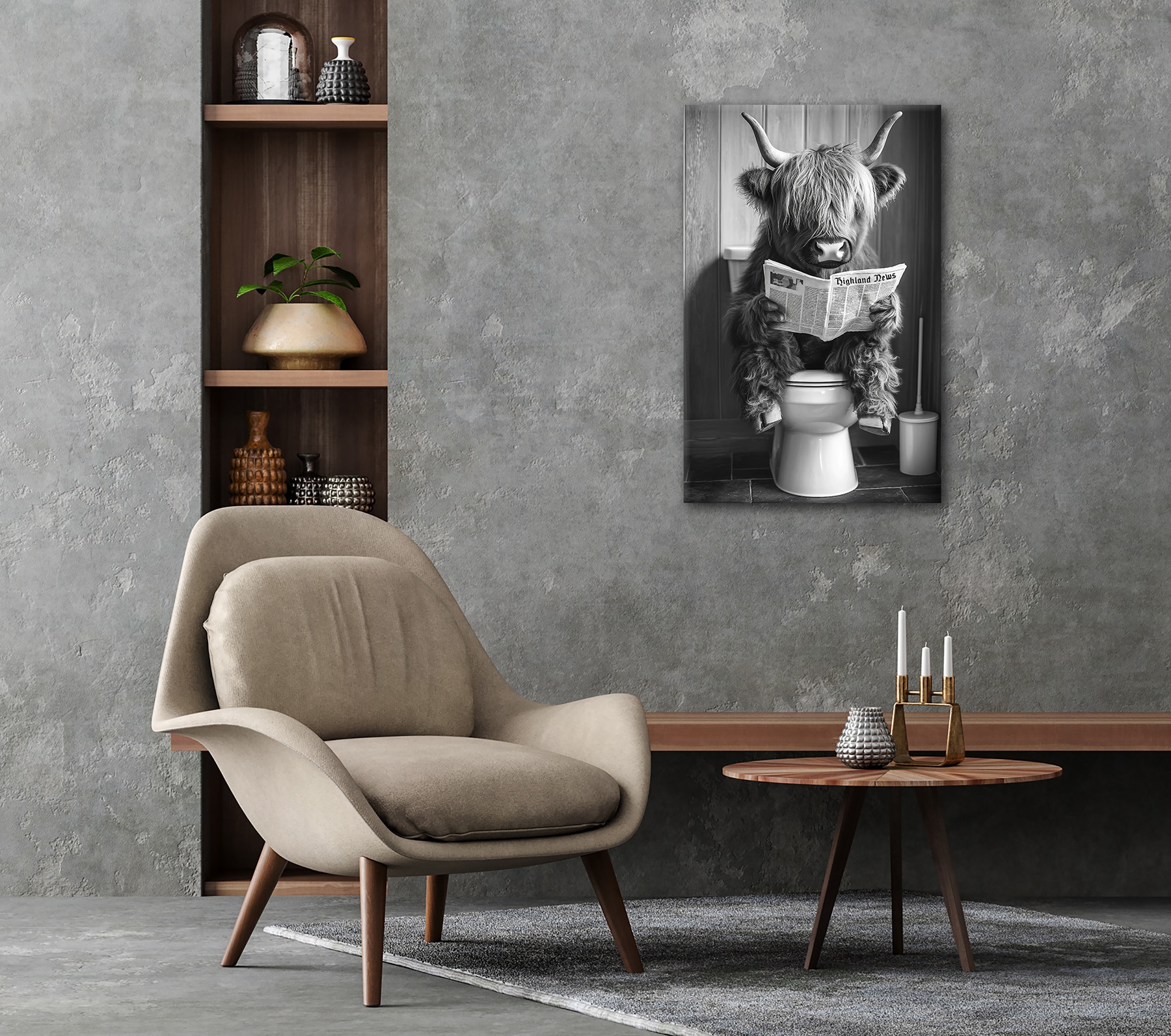 Bönninghoff Leinwandbild »Wandbild HIGHLAND NEWS S/W 60x90 cm – Leinwandbild Keilrahmen Deko« Hochlandrind | Humor | Kuh | Kuhbilder | Kühe | Schwarz-Weiß | Tiere 1 Stk. tlg. auf Keilrahmen gespannt
