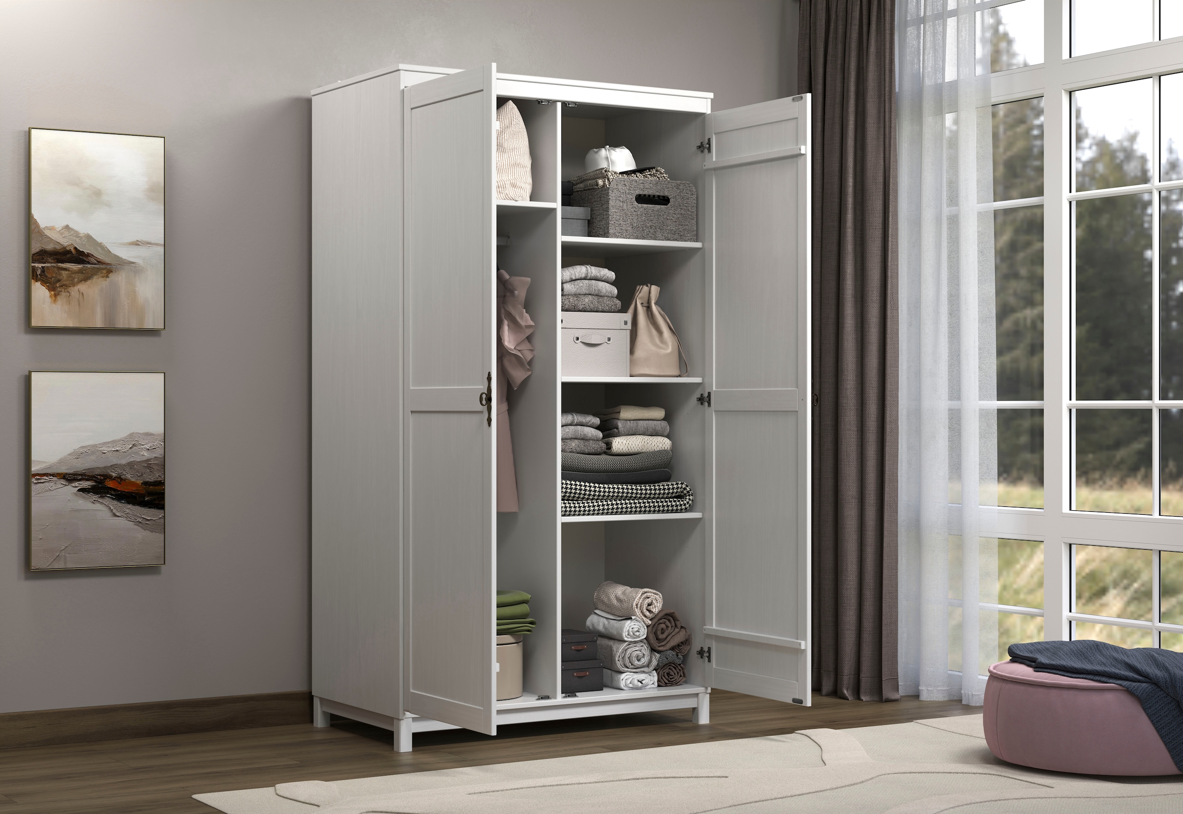 Home affaire Kleiderschrank »Sandnes Kieferschrank Schlafzimmer Schrank TOPSELLER weiß«, (1 St., natürlicher Landhaus-Look B/T/H = 108x60x194cm), Massivholz Schlafzimmerschrank mit besonderen Metallgriffen