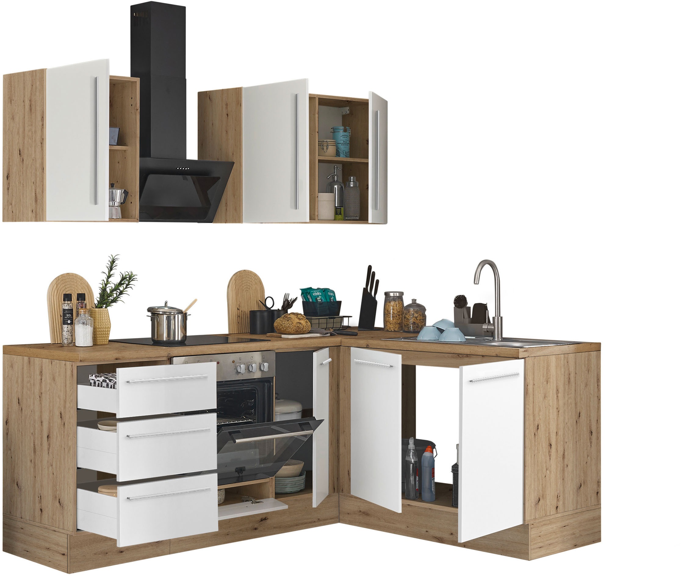KOCHSTATION Winkelküche »Florida, Stellbreite 210x165 cm«, wahlweise mit E-Geräten, mit Softclose für Türen und Schubkästen