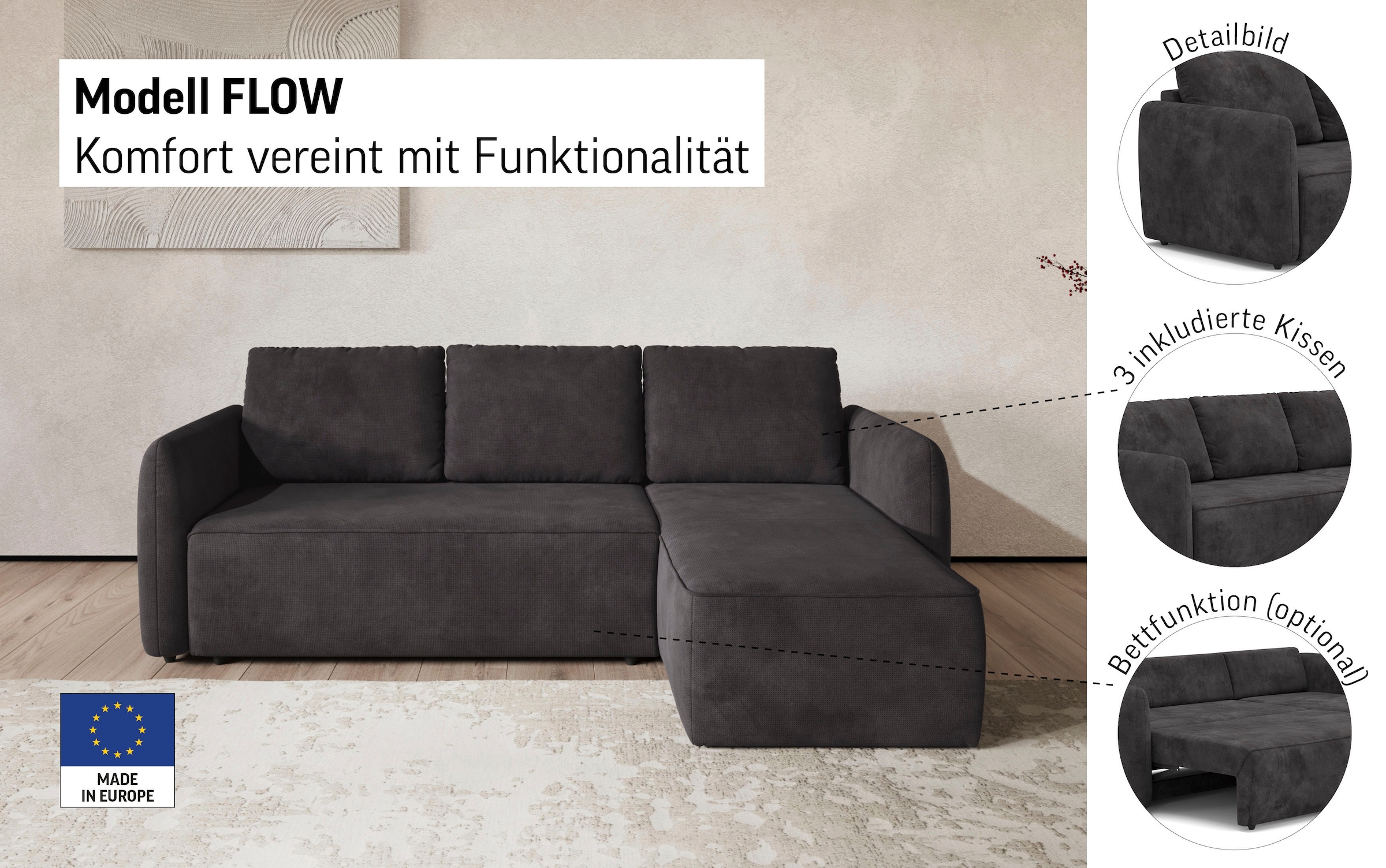 COTTA Ecksofa »Flow, bequem, L-Form, Breite 239 cm, schmale Armlehnen« wahlweise mit Bettfunktion
