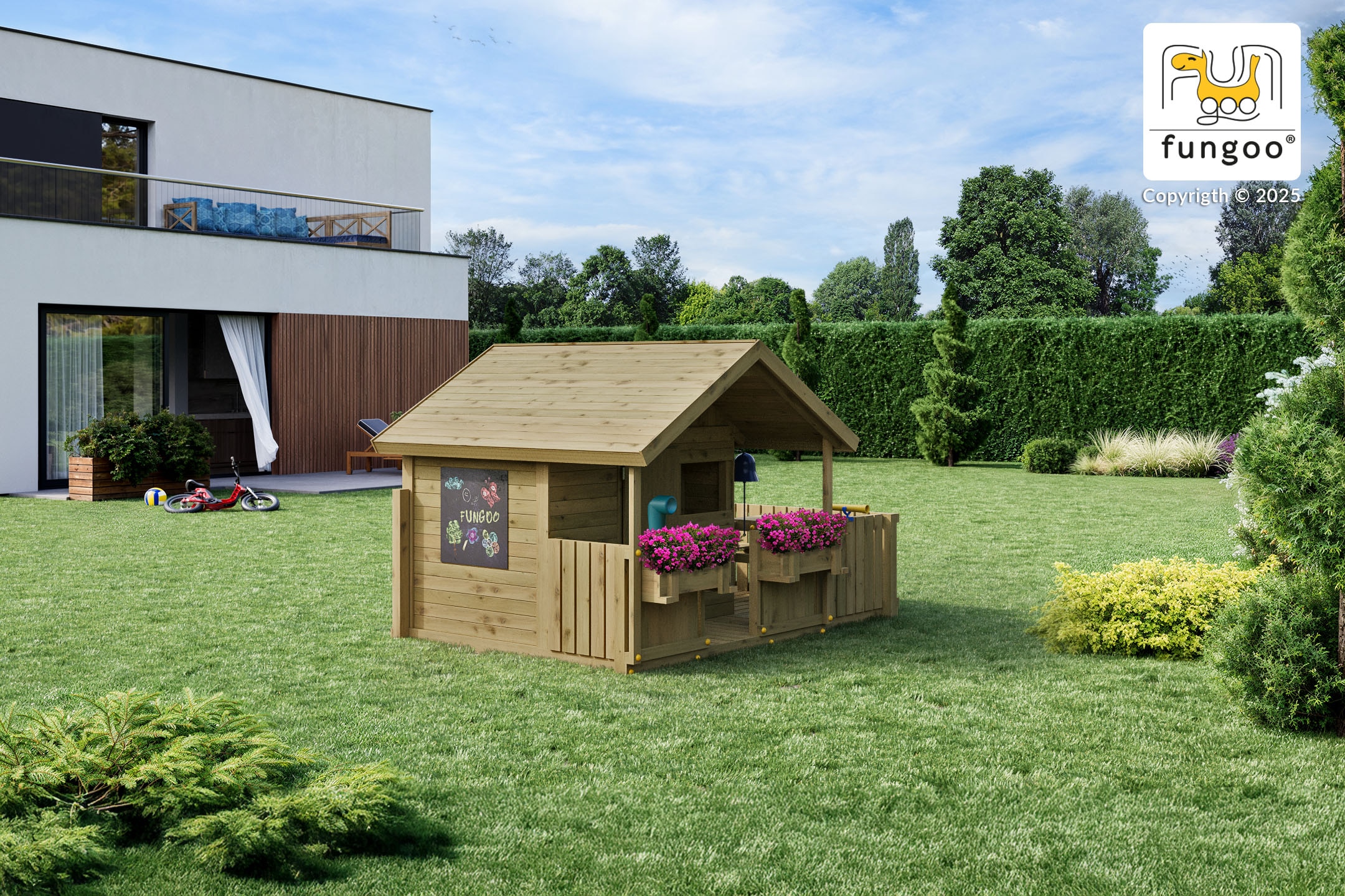 FUNGOO Spielhaus »SUNNY BANDCORNER« mit großer Terrasse und Picknicktisch, Tafel, Periskop