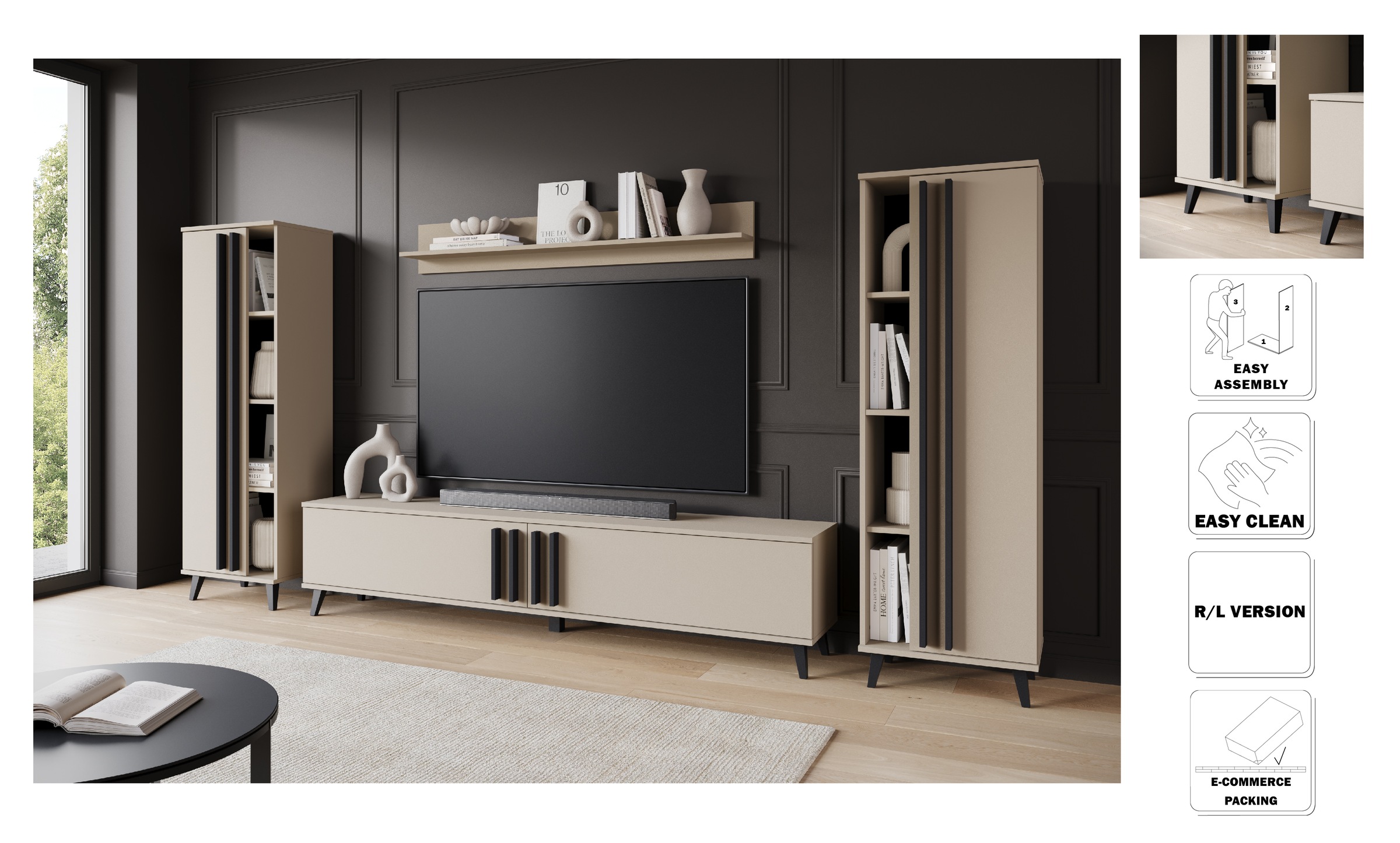 INOSIGN Wohnwand »Helsinki, Modernes Möbelset«, (Komplett-Set, 4 St.), mit lamellengriffen, verstellbaren Einlegeböden und Kunststofffüßen