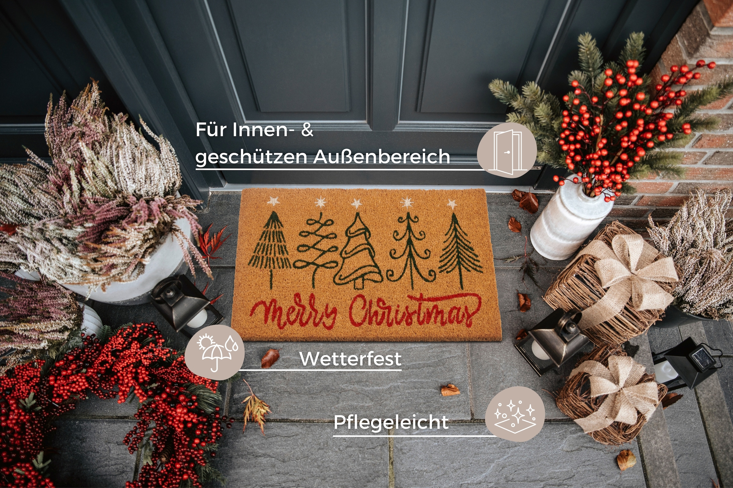 HANSE Home Fußmatte »Kokos Five Christmas Trees«, rechteckig, 15 mm Höhe, Schmutzfangmatte, Rutschfest, Outdoor, Weihnachten, Kokosmatte, Flur