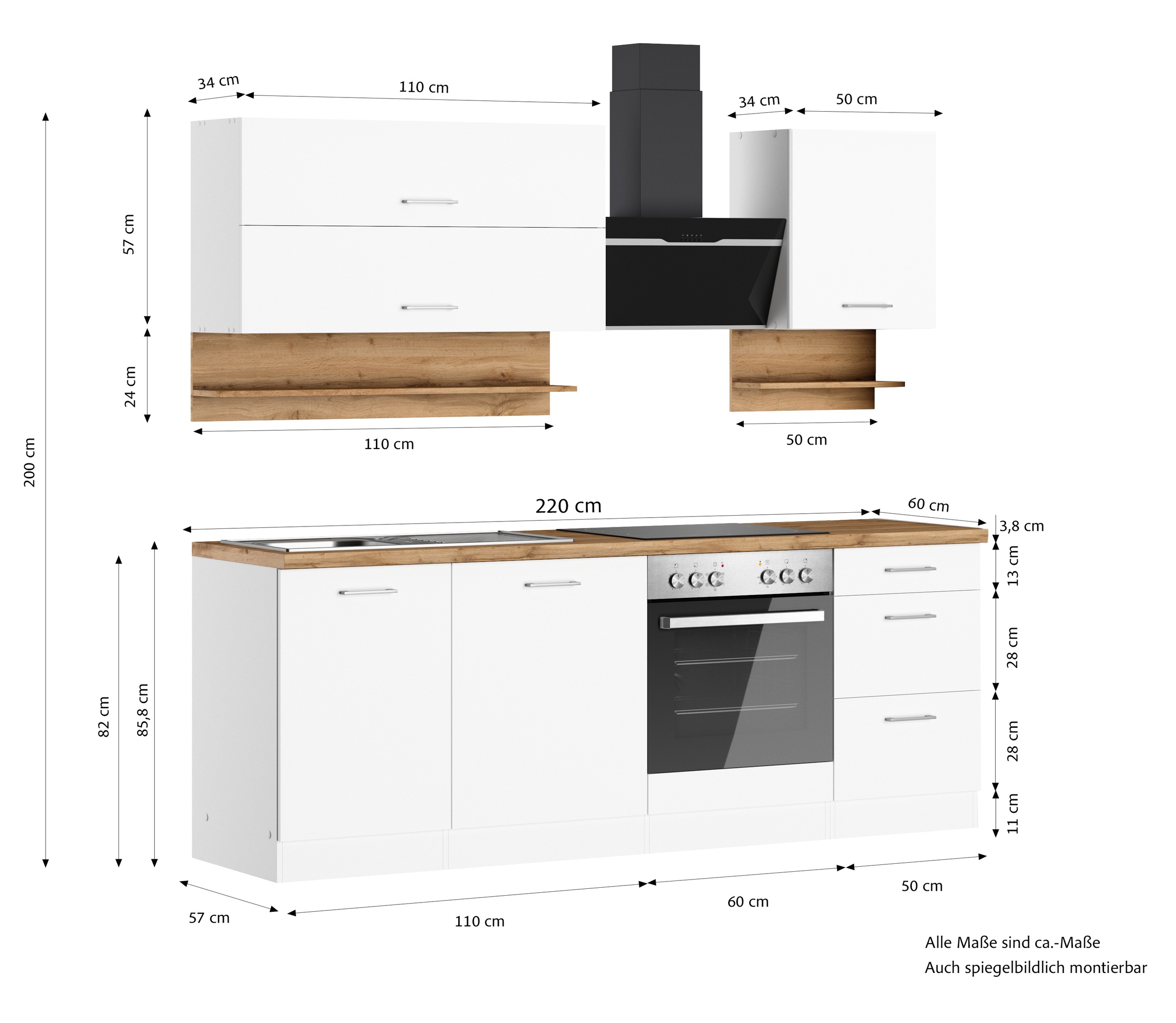 KOCHSTATION Küchenzeile »KS-Milan«, 220 cm breit, robuste Metallauszüge, viel Stauraum