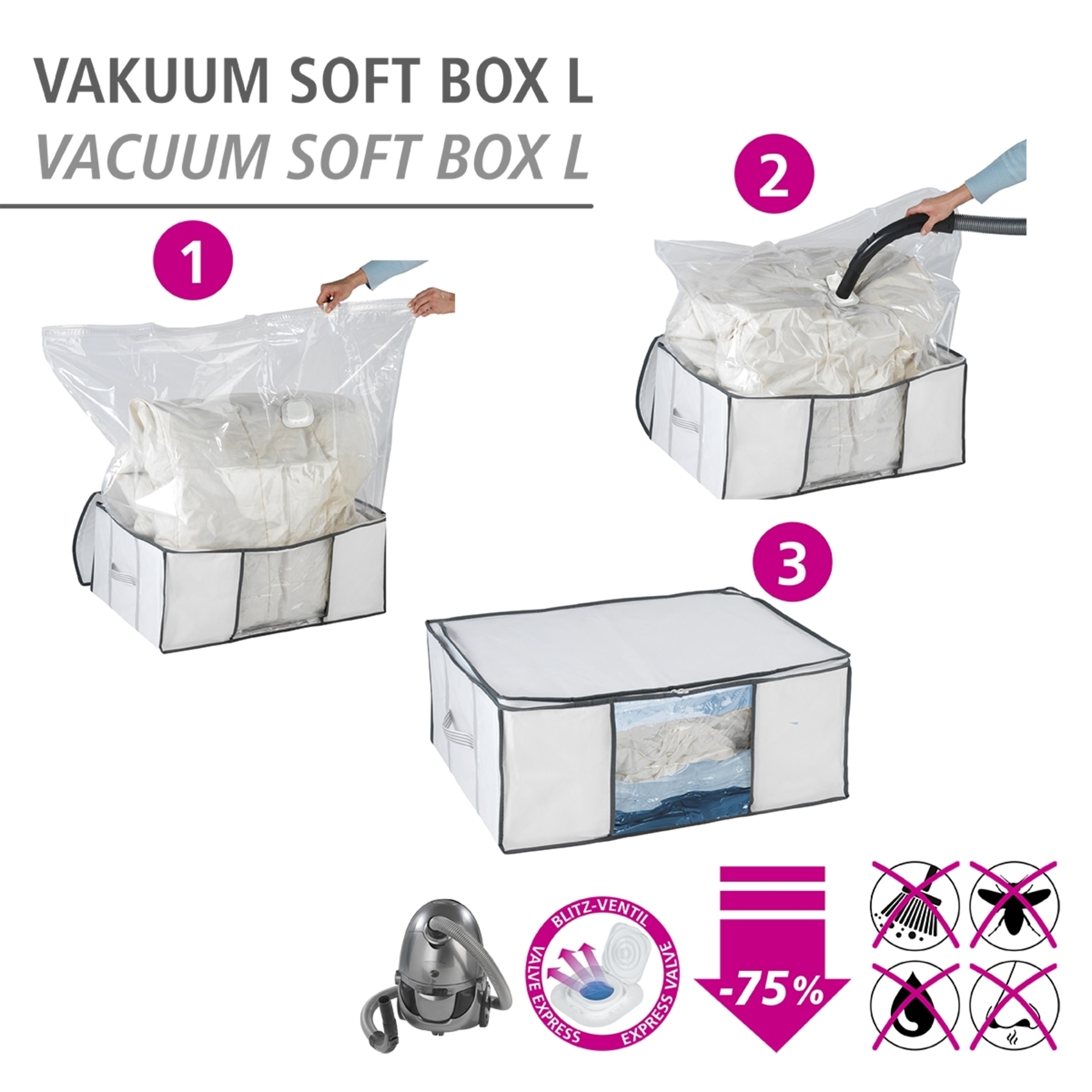 WENKO Unterbettkommode »Vakuum Soft Box L«, integrierte Vakuum-Tasche & Blitzventil, bis zu 75 % Platzersparnis