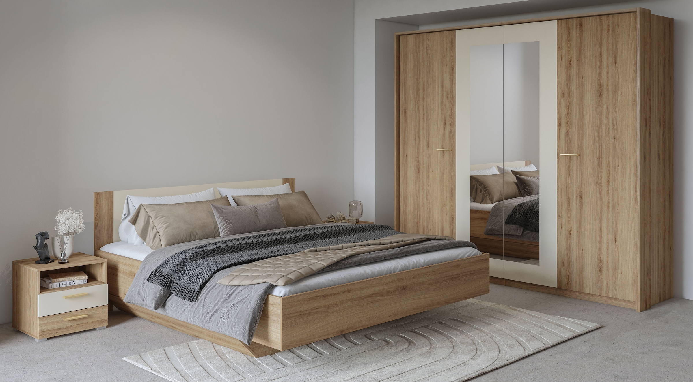 Home affaire Schlafzimmer-Set »Bitry,Set 4-St(Bett 180 cm, 2xNako, Drehtürenschrank)«, Komplettschlafzimmer, viel Stauraum, fühlbare Struktur, Holzoptik