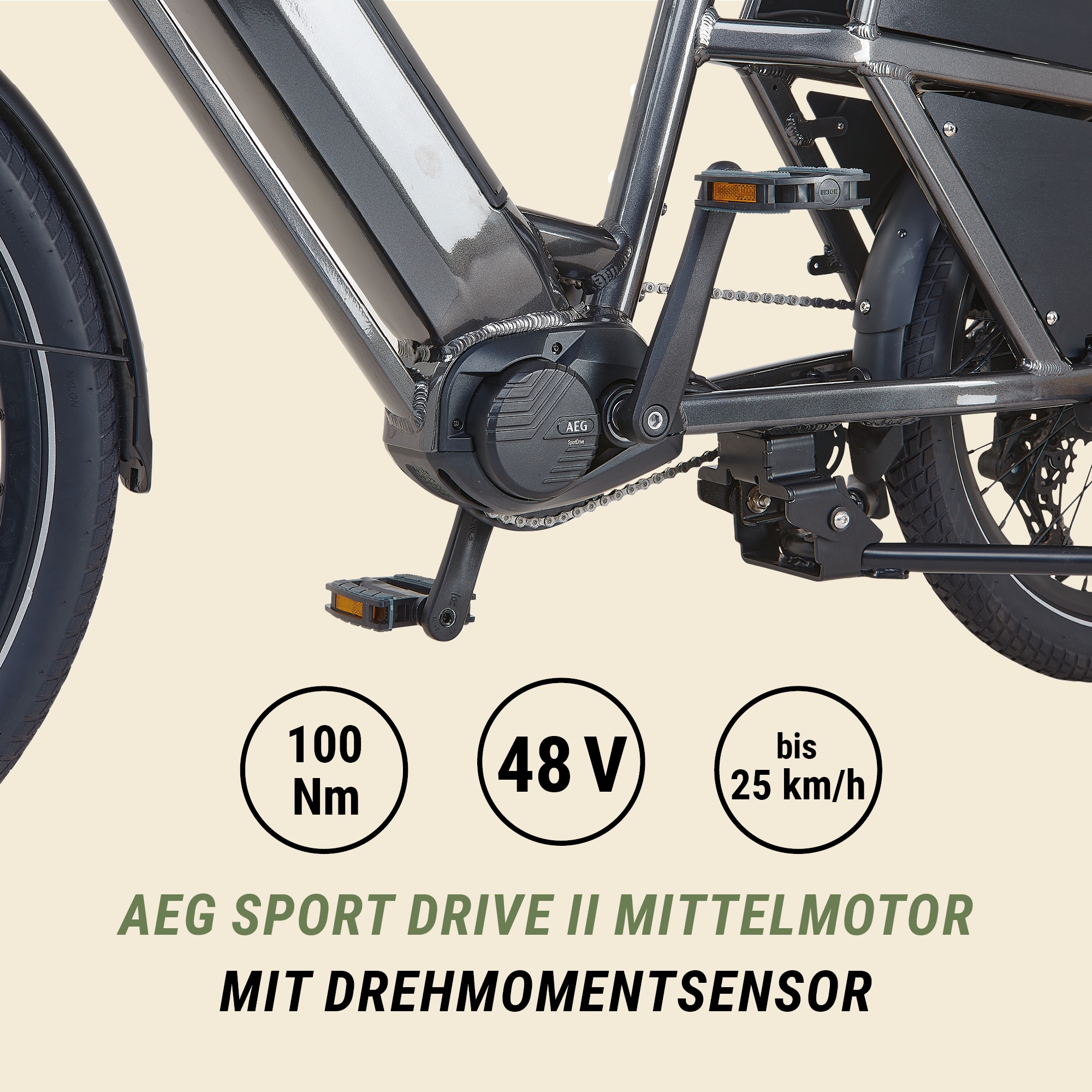 Prophete »Longtail - Urbanicer 4.0 inkl. 2 Sitzpolster« 9 Gang Shimano Cues Schaltwerk Kettenschaltung Mittelmotor 250 W Heck-Gepäckträger bis 80kg Zuladung, 10 Jahre Garantie auf den Rahmen