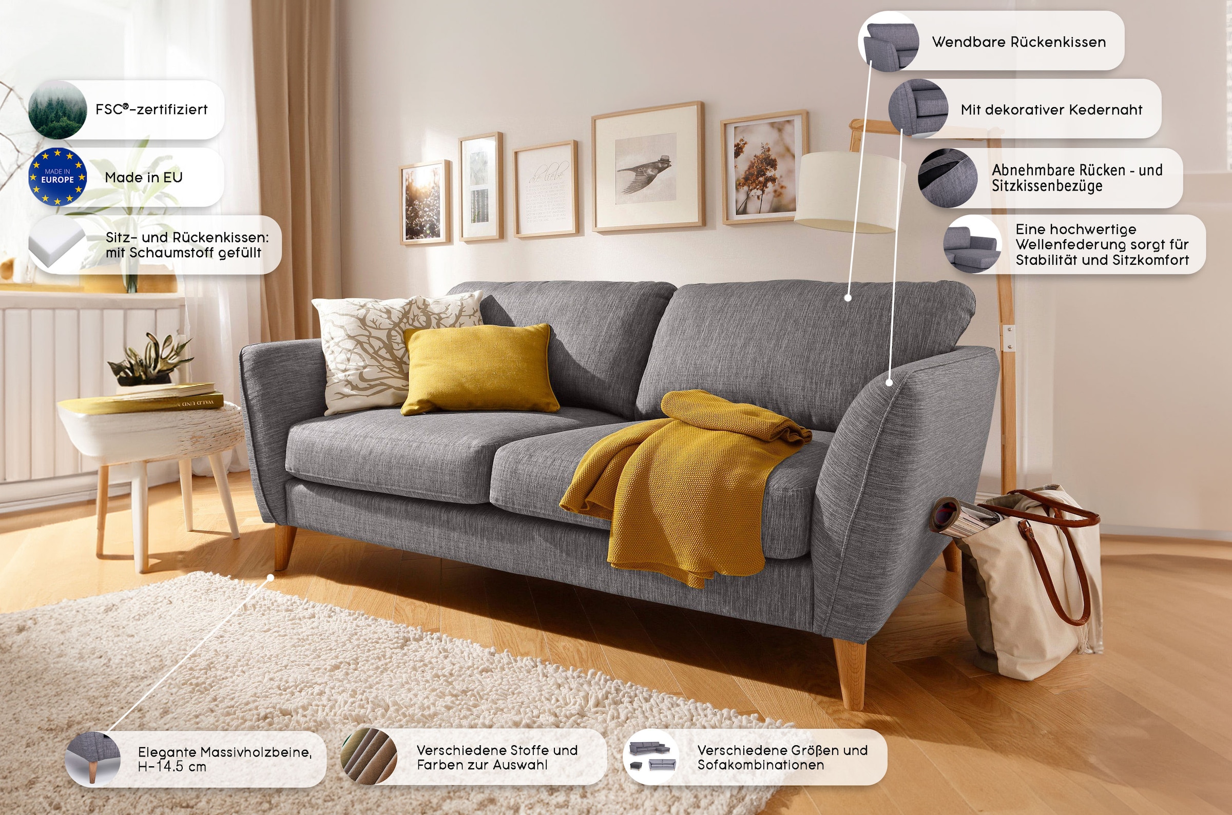 Home affaire 2-Sitzer »MARSEILLE Kompaktsofa 170 cm, Cord, Flachgewebe, Struktur, Webstoff«, Massivholzbeine Eiche, Landhausstil, Wellenunterfederung