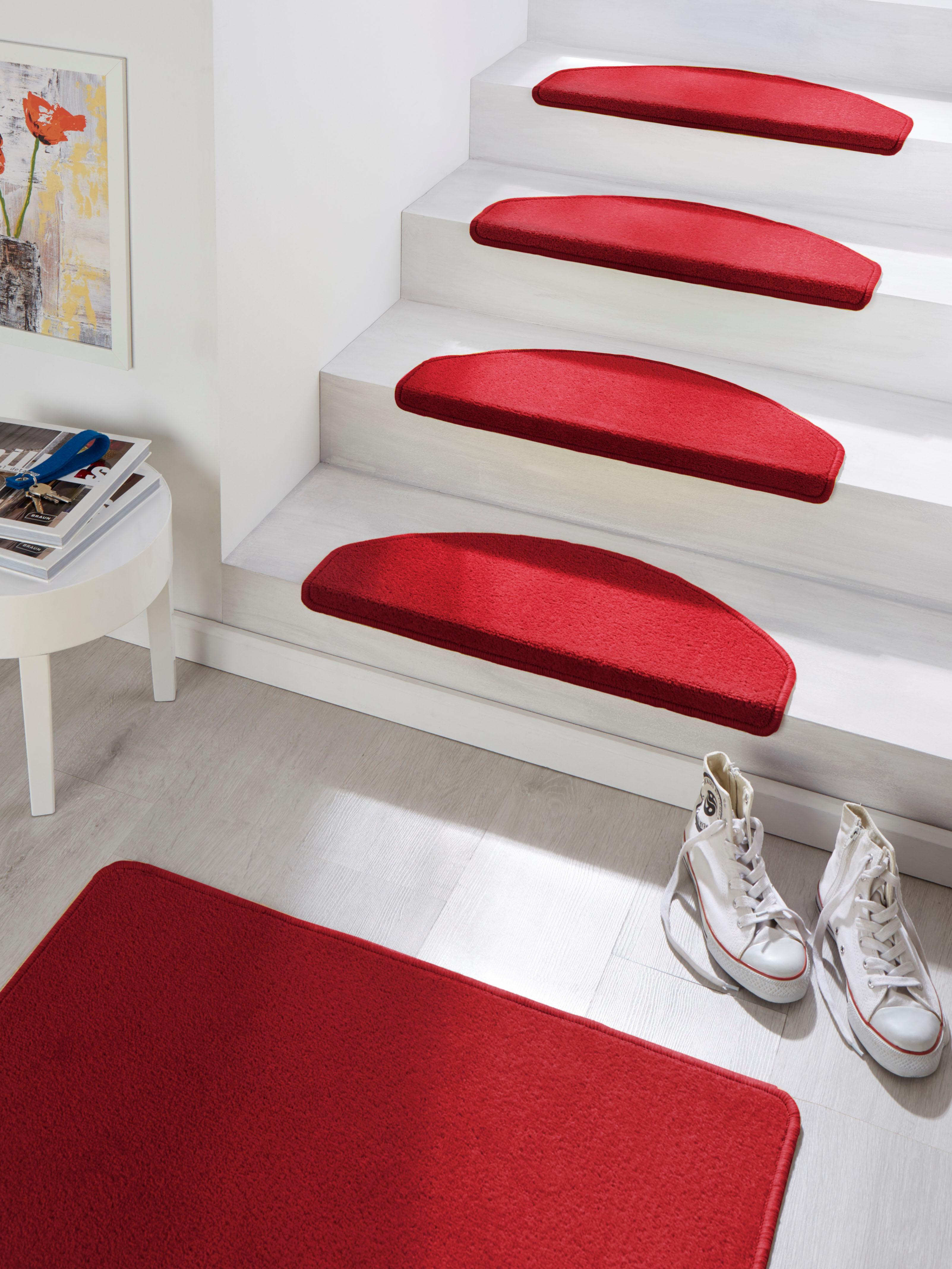 Stufenmatte „Fancy“, halbrund, 15 Stück, Treppenmatten, Selbstklebend, Stufenteppich, Treppenstufen rot 7 mm B/L: 23 cm x 65 cm – 7 mm