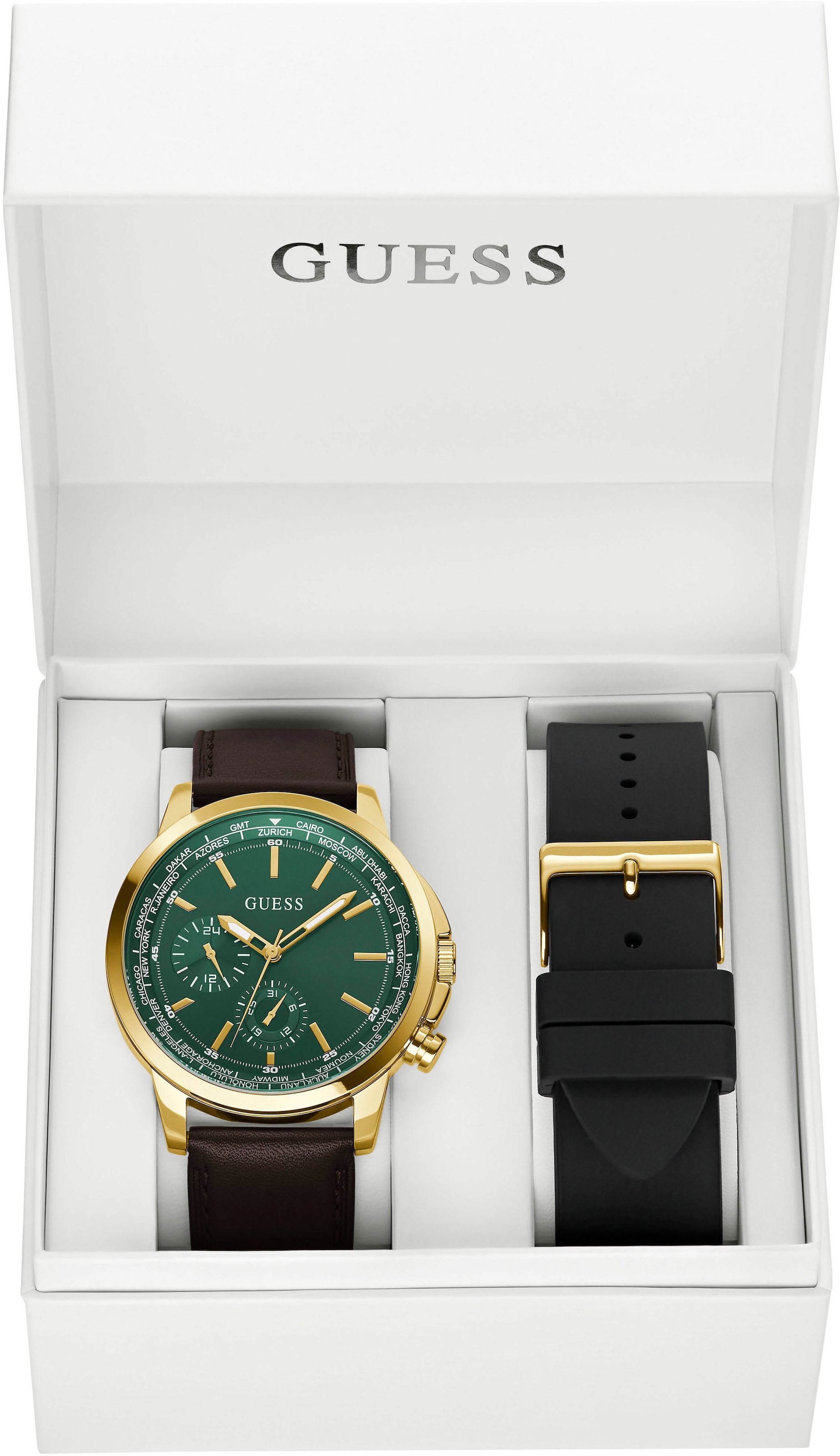 Guess Multifunktionsuhr »SPEC«, (Set, 2 tlg., mit schwarzem Silikonwechselband), Armbanduhr, Quarzuhr, Herrenuhr