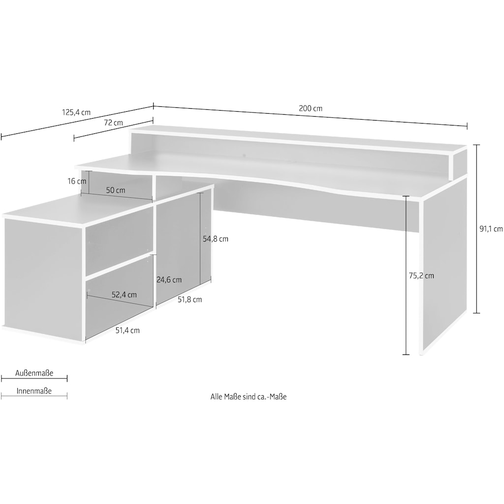 FORTE Gamingtisch »Tezaur«, mit RGB-Beleuchtung und Halterungen, Breite 200 cm, Ecktisch