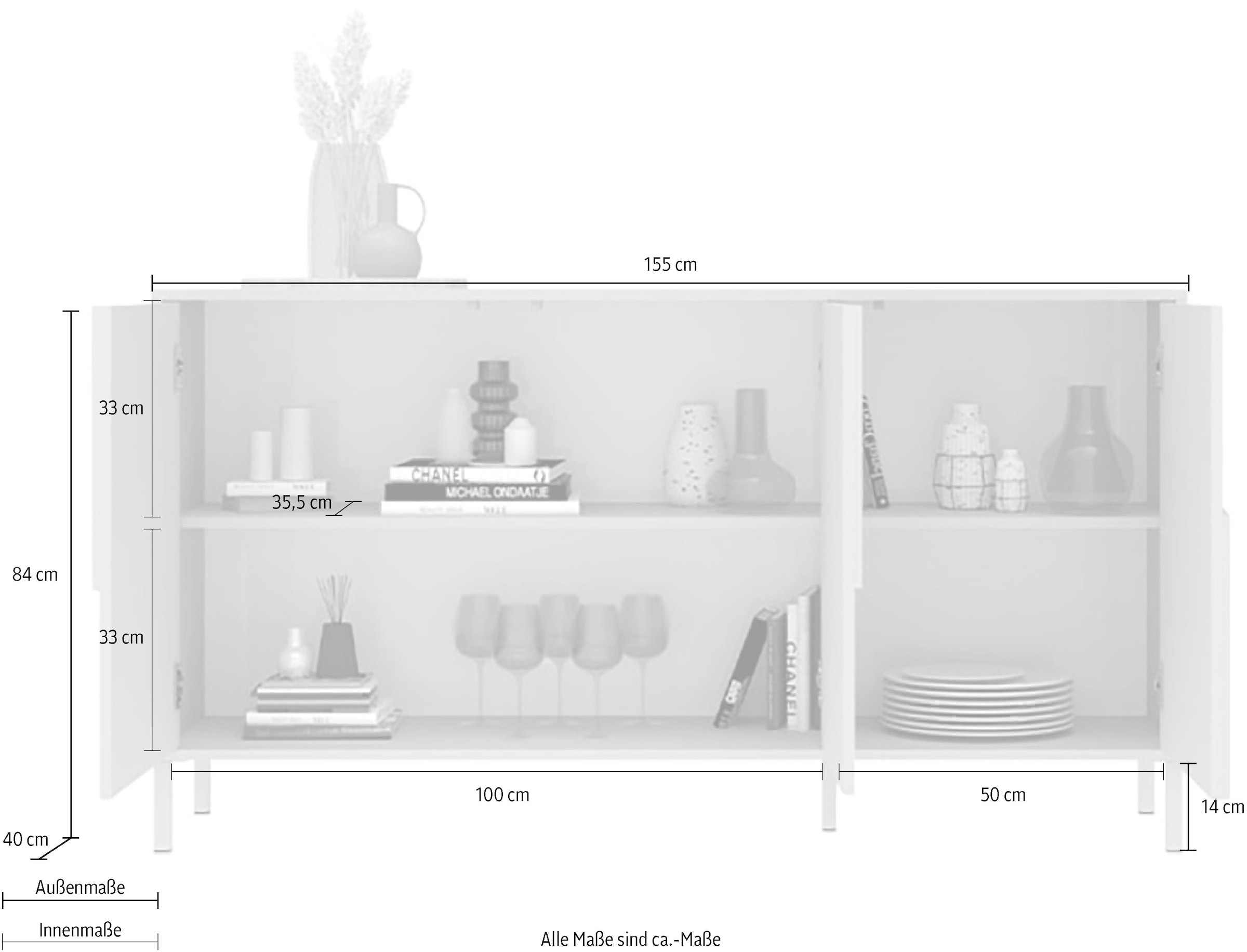 INOSIGN Sideboard »Stone, 155 cm breit, 3 Türen, Anrichte, Kommode, Stauraumschrank« 3D-Design, Push-to-open, Innenraum großzügig, Füße 14/2 cm wählbar