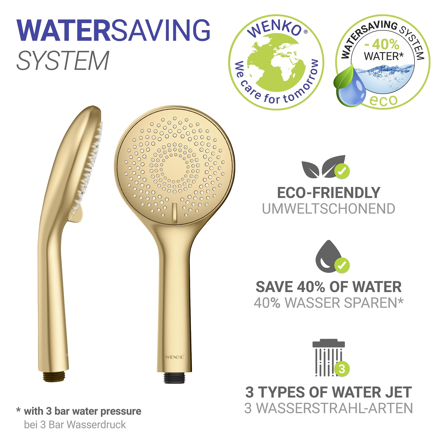 WENKO Handbrause »Watersaving« wassersparender Duschkopf, 3 Strahlarten, Ø 11 cm