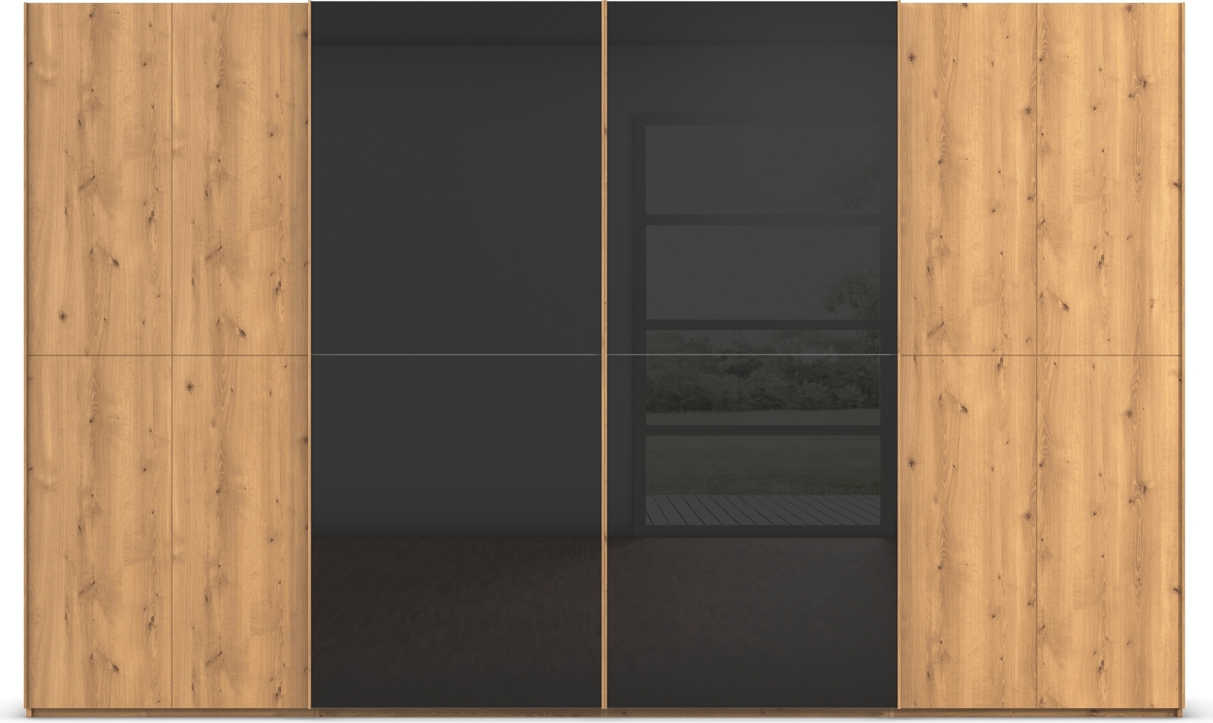 rauch Schwebetürenschrank »Kleiderschrank Schrank Garderobe Schlafzimmerschrank SCALE-WOOD«, edle geteilte Front in massiver Asteiche mit Glastüren MADE IN GERMANY