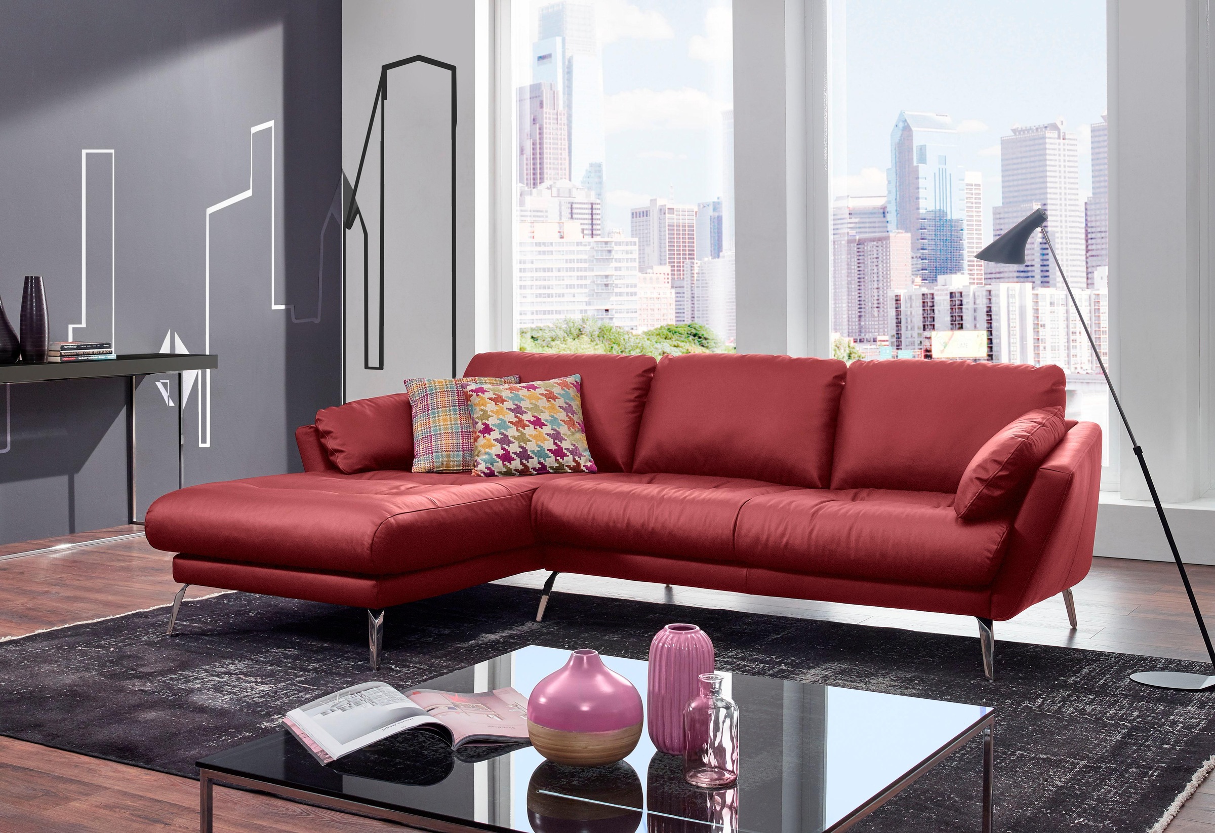 W.SCHILLIG Ecksofa »softy, Designsofa, zeitlos und elegant, hoher Sitzkomfort, L-Form«, mit dekorativer Heftung im Sitz, Füße Chrom glänzend