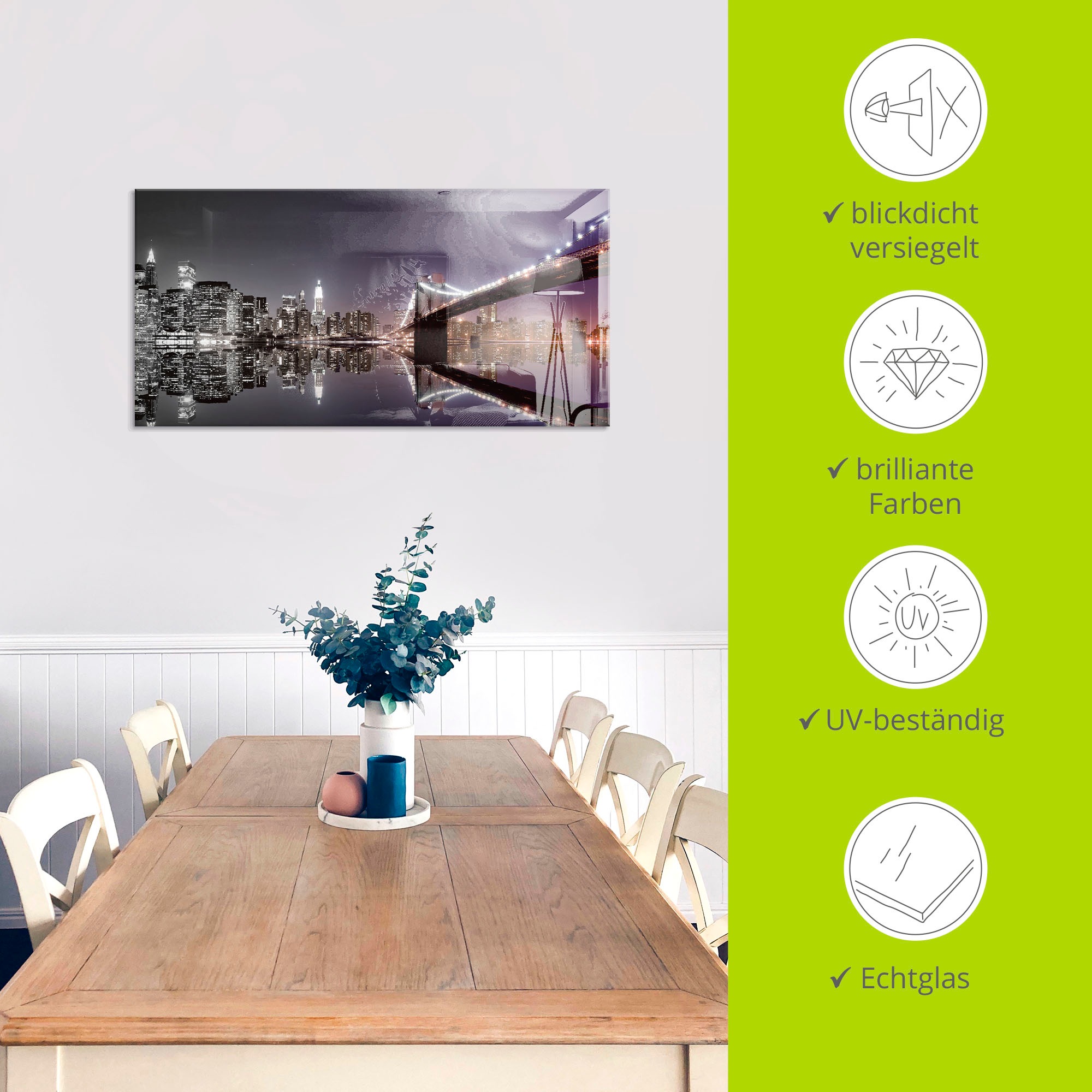 Artland Glasbild »New York Skyline nächtliche Reflektion« Amerika 1 Stk. tlg. in verschiedenen Größen