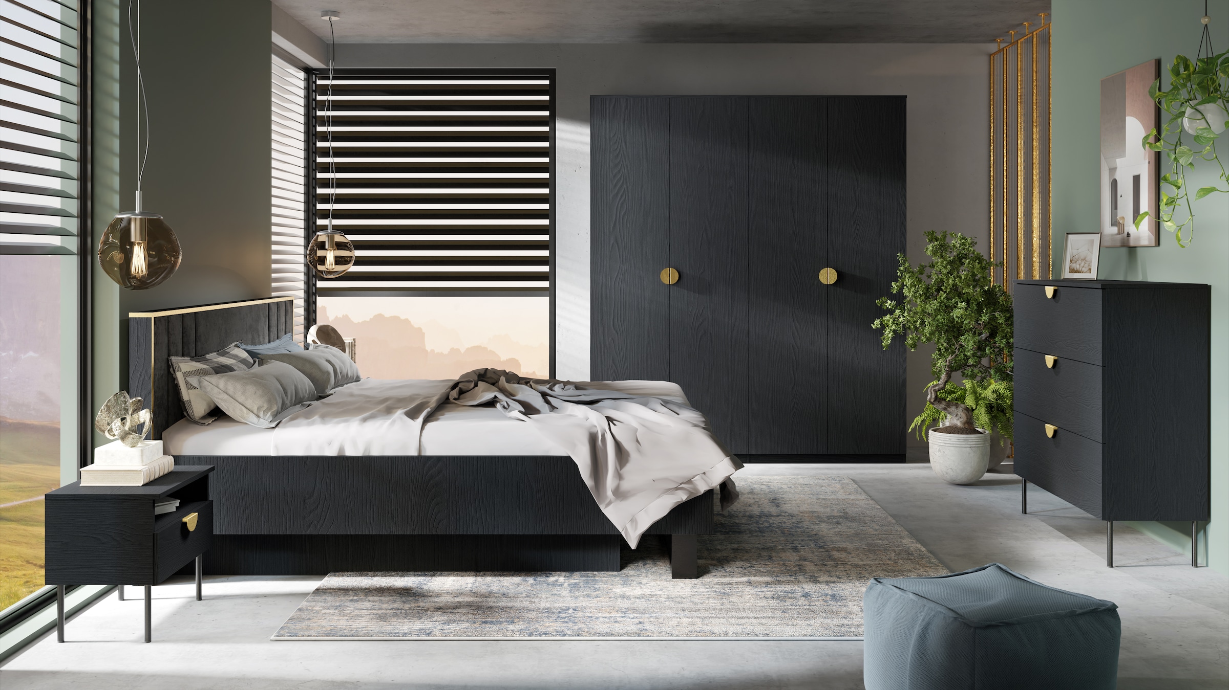 Leonique Kleiderschrank »Kleiderschrank Bellot mit 4 Einlegeböden und 2 Kleiderstange«, Garderobe mit 4 Drehtüren und goldenen Griffen, BxTxH 180x59x209 cm