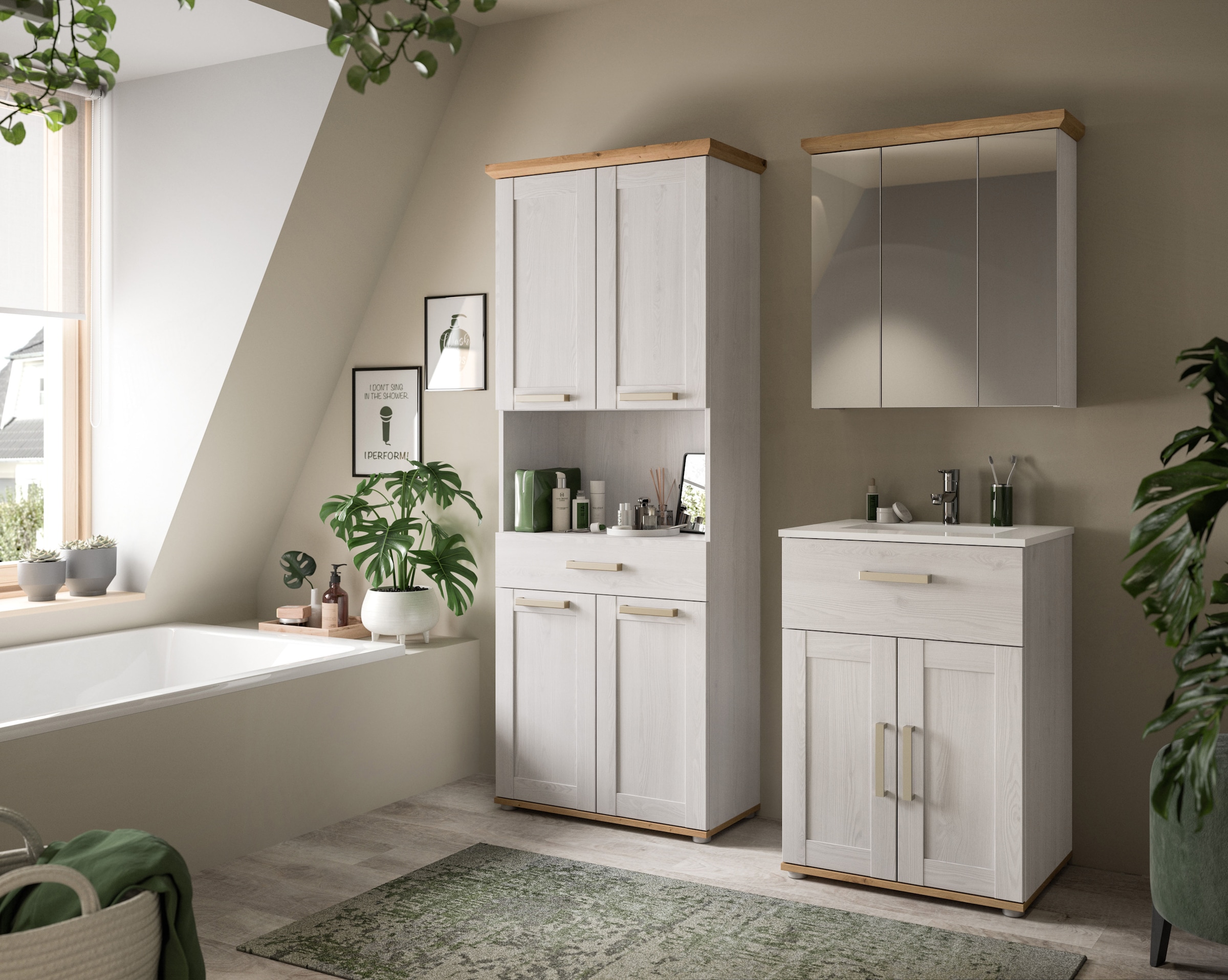 welltime Badmöbel-Set »COSENZA« 1 Hochschrank, 1 Waschtisch inkl. Waschbecken, 1 Spiegelschrank, 3 Stk. tlg.