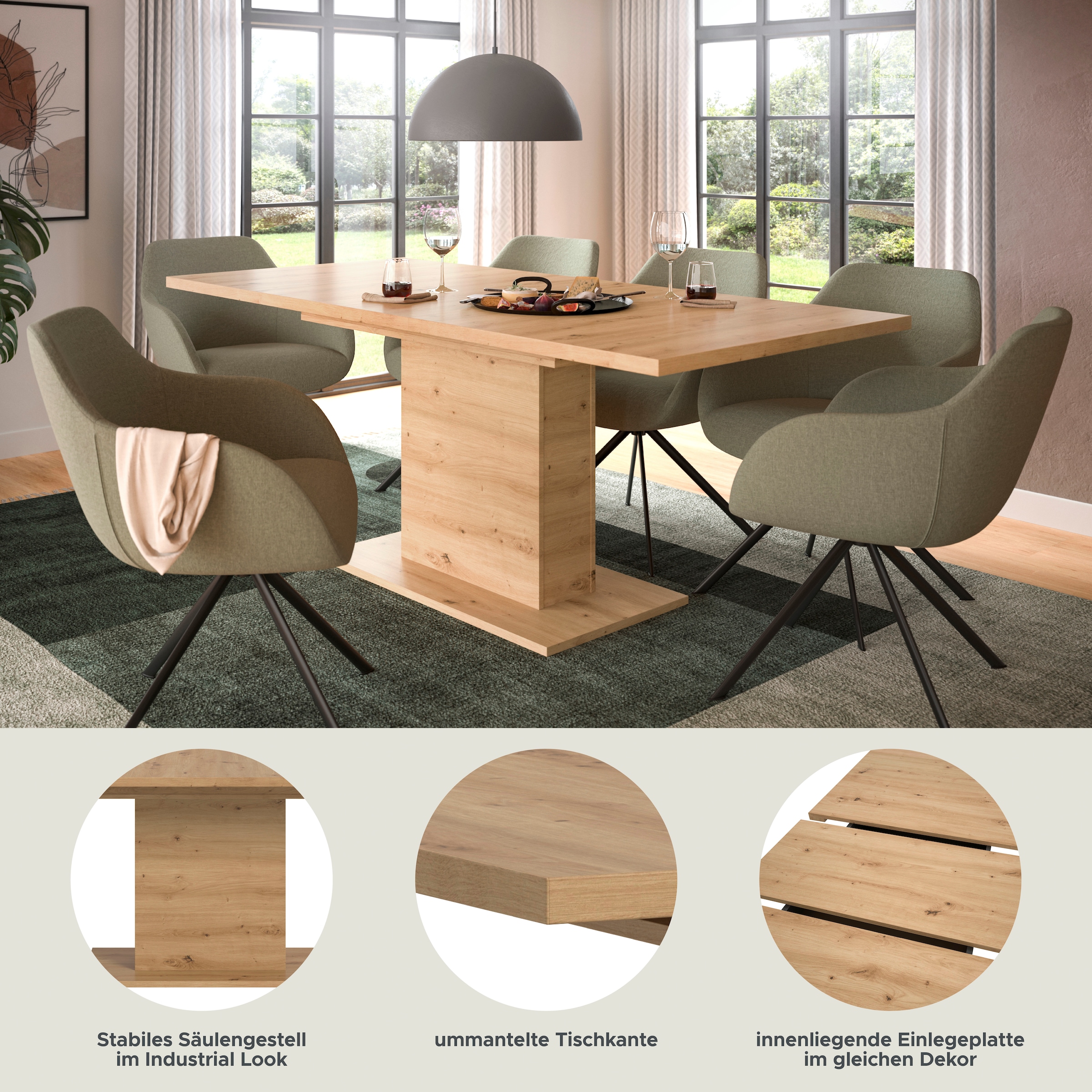 INOSIGN Esstisch »Motus, ausziehbar 150 -190 cm, inklusive 40 cm Einlegeplatte«, (Set, 1 St.), Säulengestell mit Bodenplatte, Tisch, Küchentisch, Esszimmer, Küche