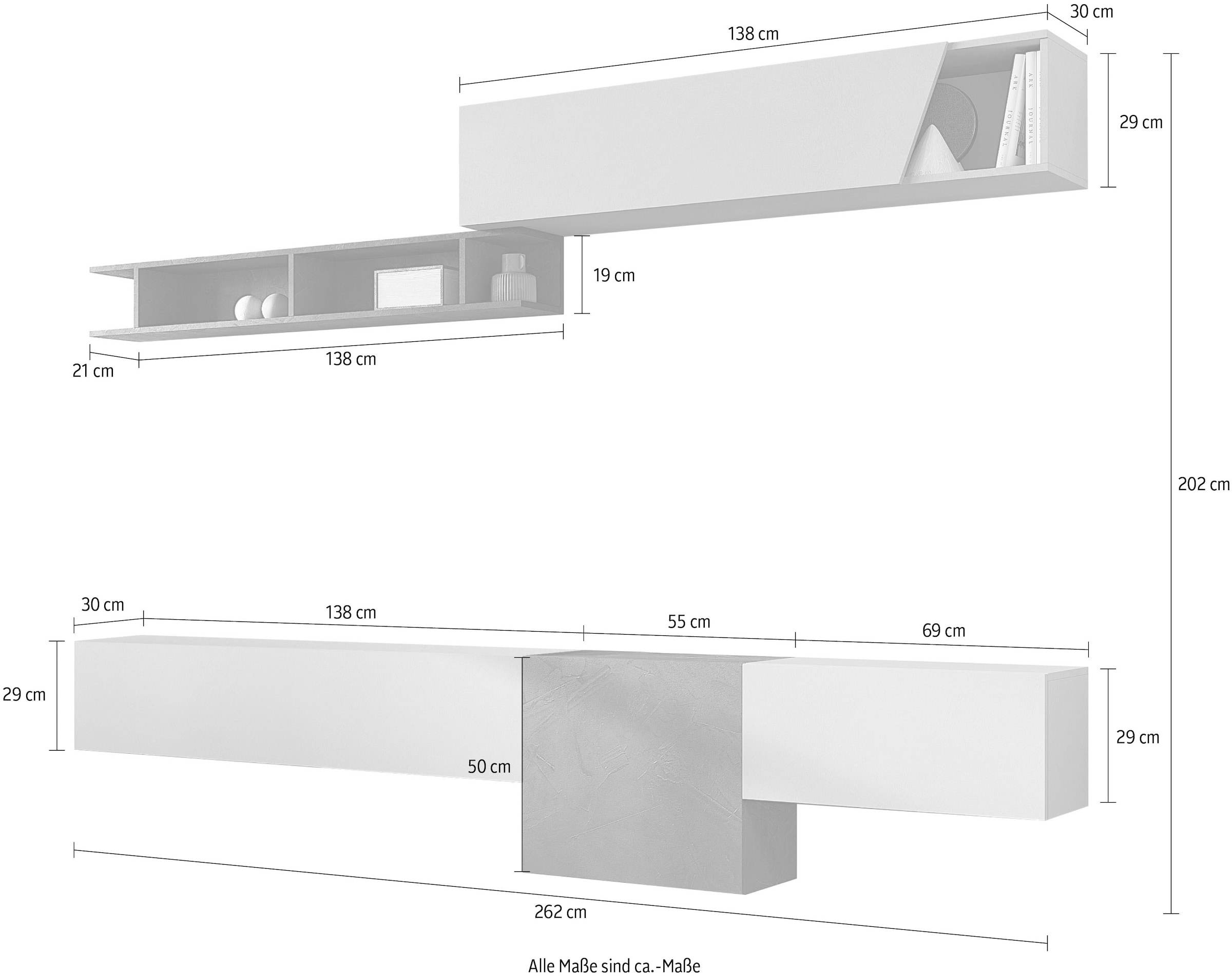 INOSIGN Wohnwand »INFINITY, 5tlg. Breite 262 cm, moderne Mediawand (1xLowboard«, (5 St.), gr./1x Lowboard kl.- hängend, Hängewürfel, Wandregal, Hängeschrank)