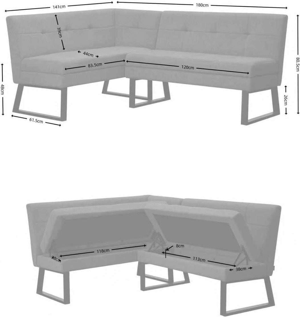 Home affaire Eckbank »Geranie, Sitzbank, Essbank, pflegeleichter Strukturstoff« Eckbank inkl. Stauraum, Pulverbeschichtetes Metallgestell