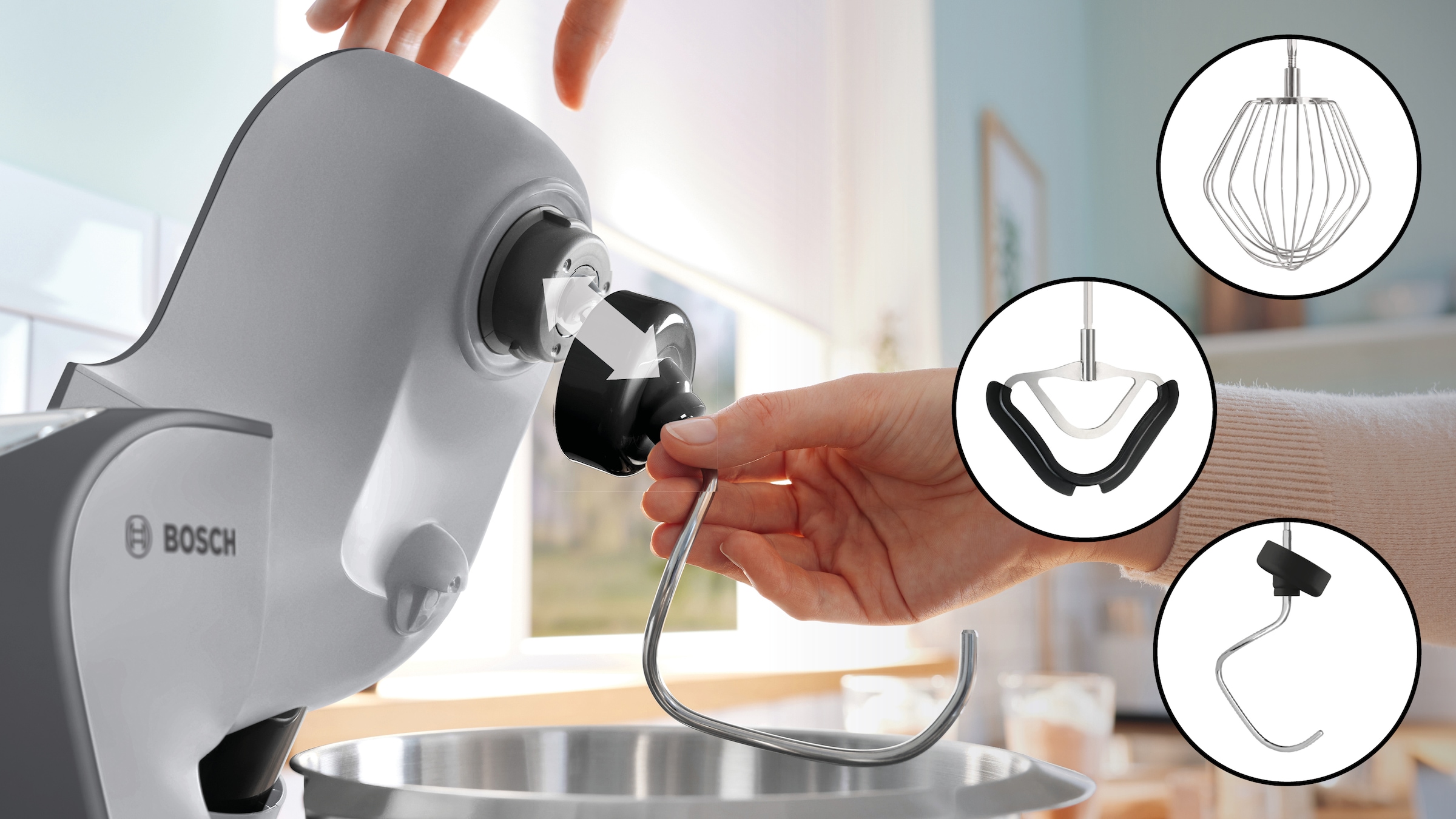 BOSCH Küchenmaschine »MUM5935B Durchlaufschnitzler, 3 Scheiben, Mixer, silber«, Fleischwolf, Kekspresse, Zitruspresse, 3 Rühr-/Knethaken, spülm.fest