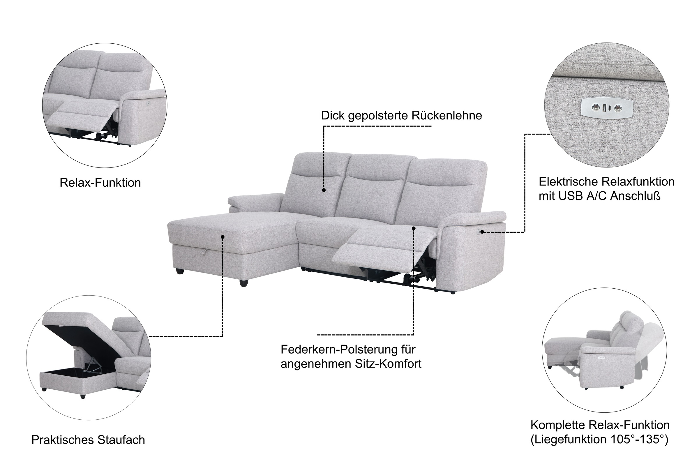 Home affaire Ecksofa »BRIONNE, L-Form, 255cm, manuelle u. elektrische Funktion (USB A/C),«, Liegefunktion, Stauraum, Federkernpolsterung, Webstoff