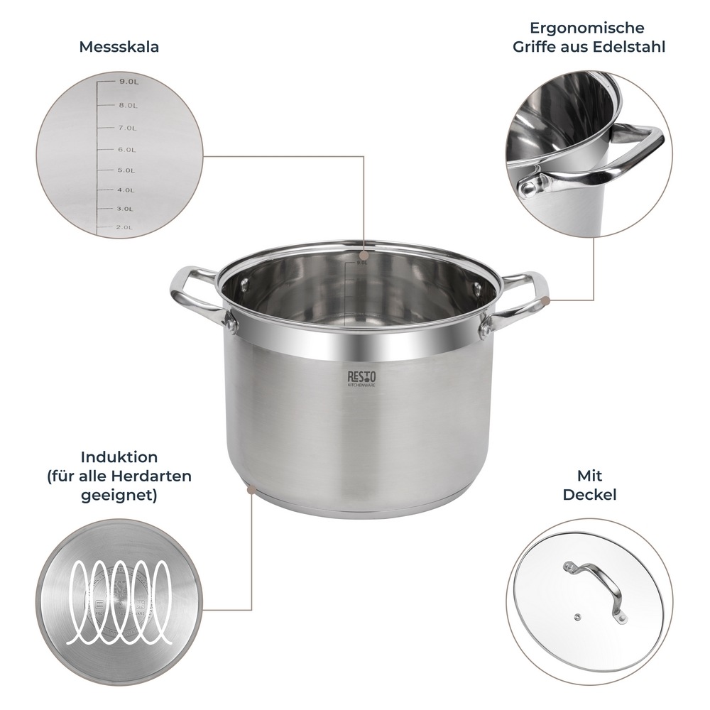 RESTO Kitchenware Kochtopf »Libra, Topf energiesparend und spülmaschinenfest«, Edelstahl 18/10, (2 tlg.), mit hitzebeständigem Glasdeckel und Griffen