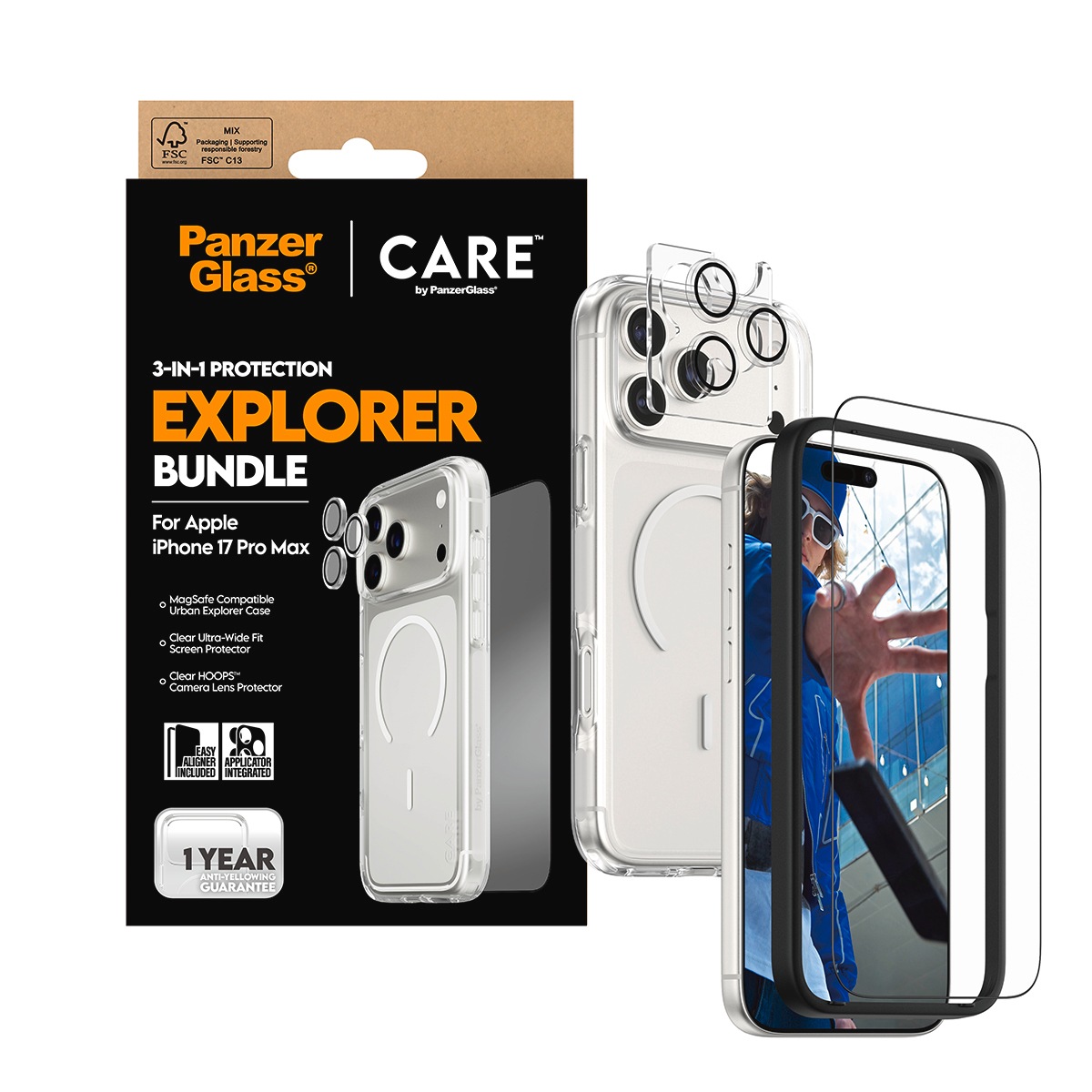 CARE by PanzerGlass Handyhülle »3-in-1 Flagship Explorer Bundle Apple iPhone 17 Pro Max«, Apple iPhone 17 Pro Max, Backcover, Schutzhülle, Handyschutzhülle, Case, Schutzcase, stoßfest