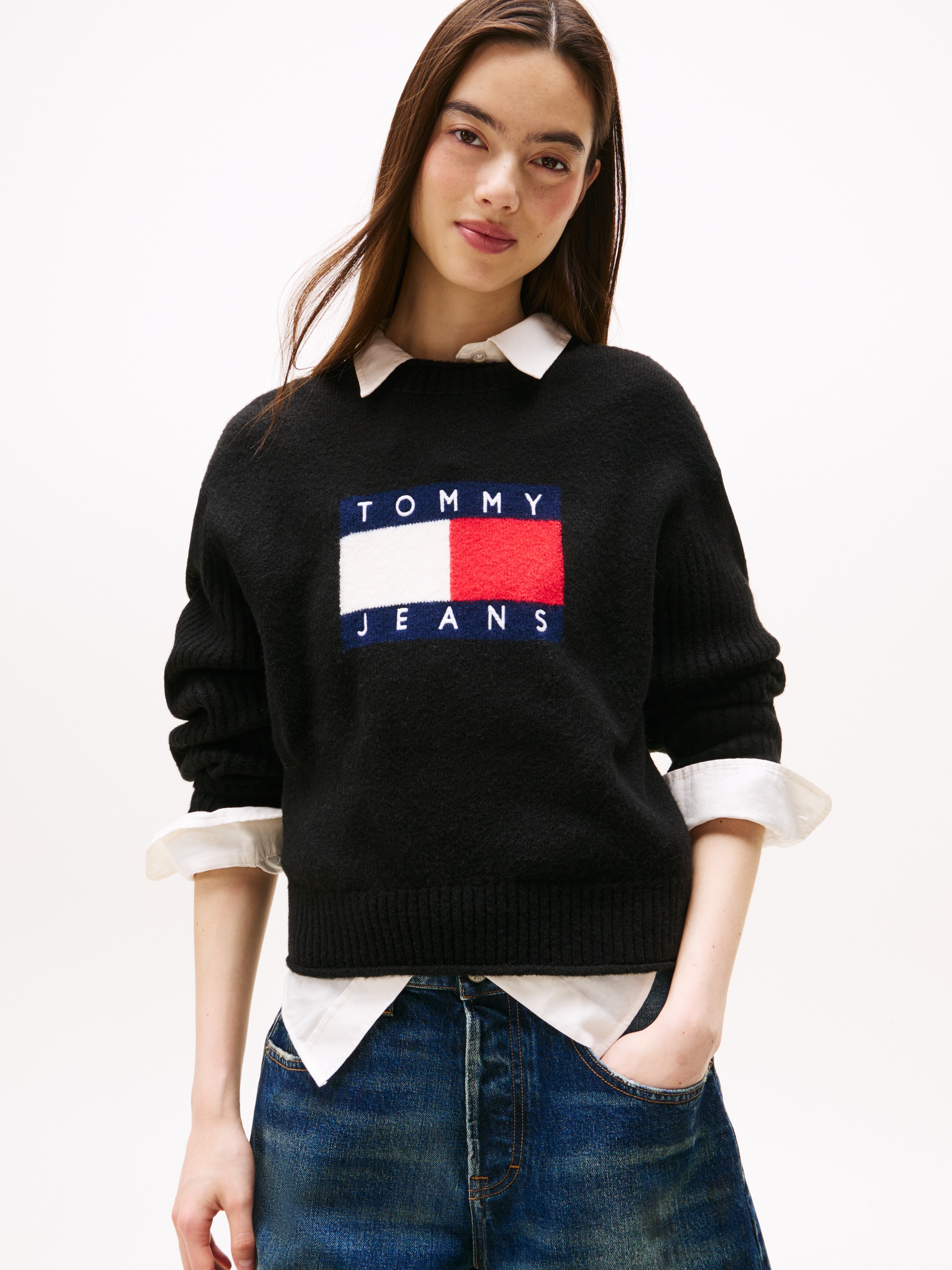 Tommy Jeans Strickpullover »TJW MELANGE FLAG SWEATER RIB EXT« in gerippter Struktur