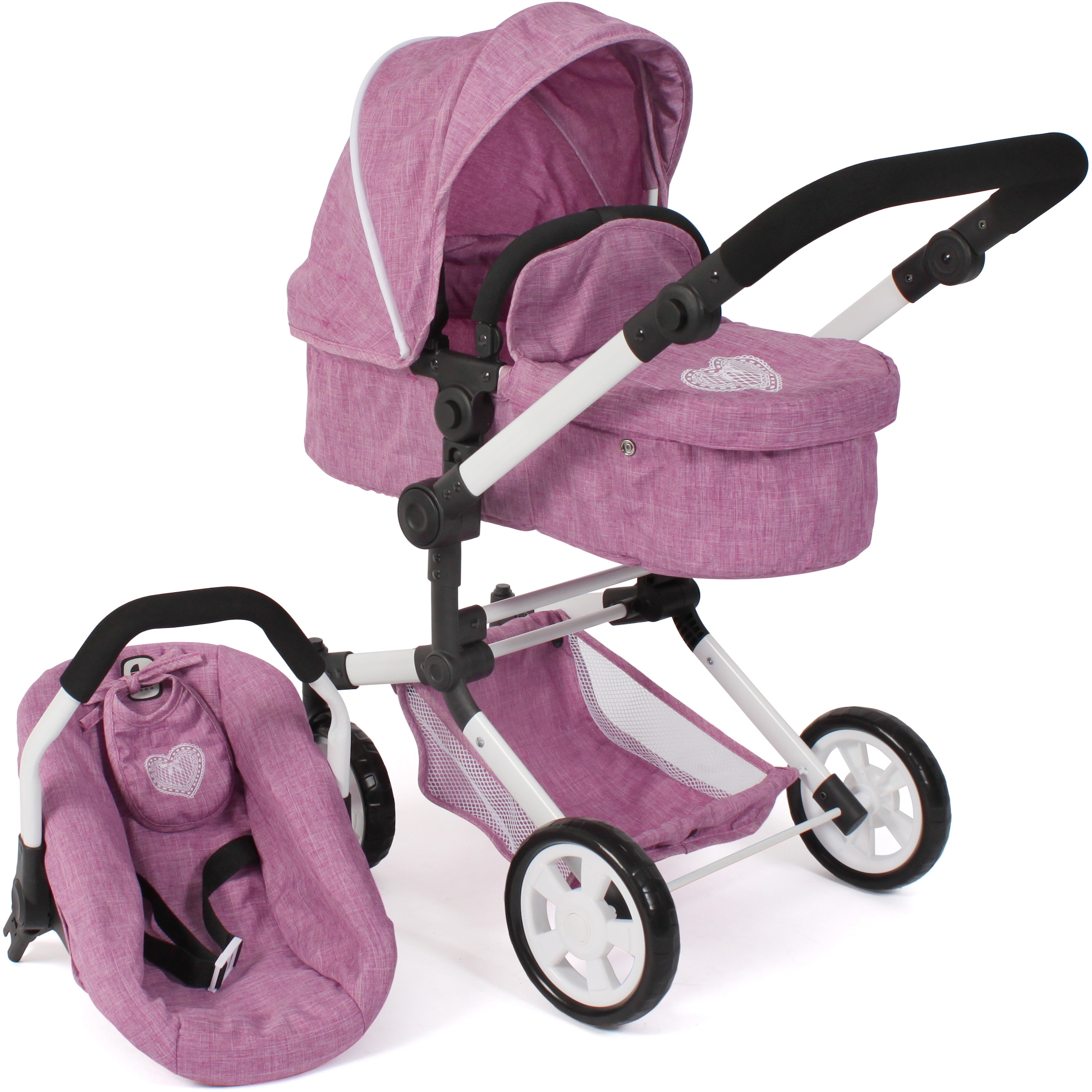 Kombi-Puppenwagen »Linus, Jeans Pink«, (Set), mit Babywanne und Autositz