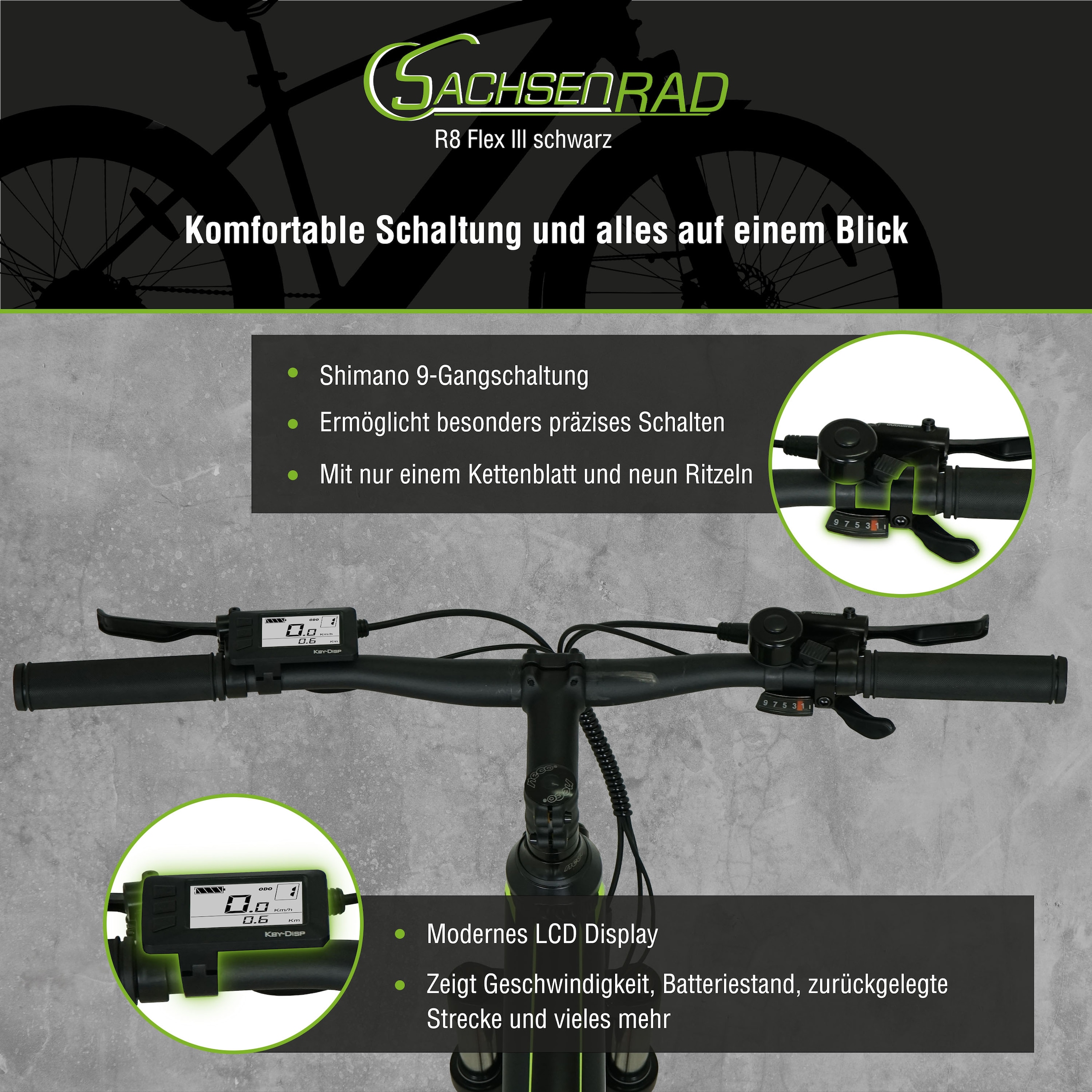 SachsenRad E-Bike »R8 Flex III«, 9 Gang, Shimano, Shimano Altus, Heckmotor 250 W, (mitgeliefertes, optionales Schutzblech mit integriertem Rücklicht), LCD-Steuerdisplay, Fahrmodus Pedelec, LED-
Beleuchtung