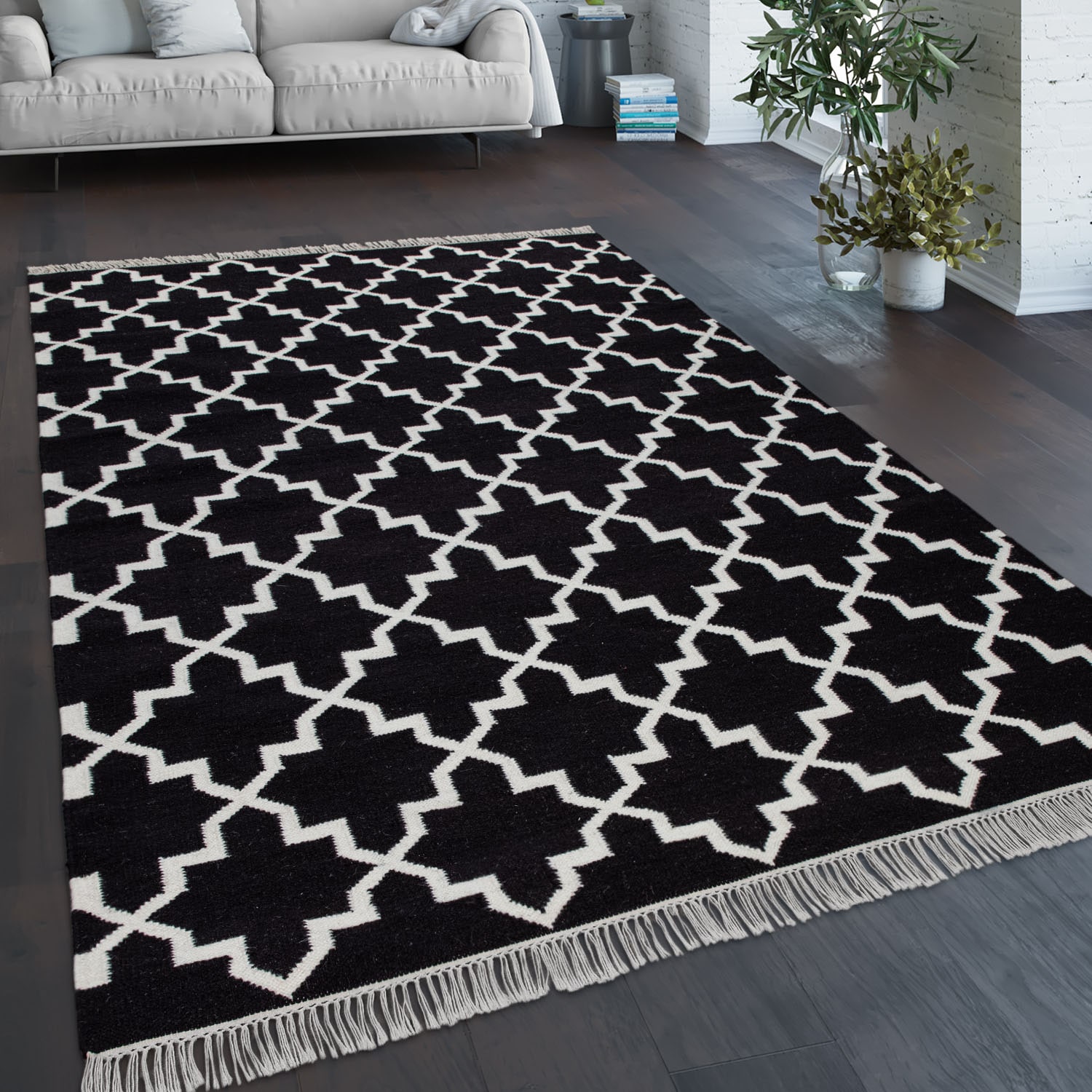 Paco Home Wollteppich »Kenitra 504«, rechteckig, 12 mm Höhe, Flachgewebe, reine Wolle, handgewebt, Scandi Design, mit Fransen