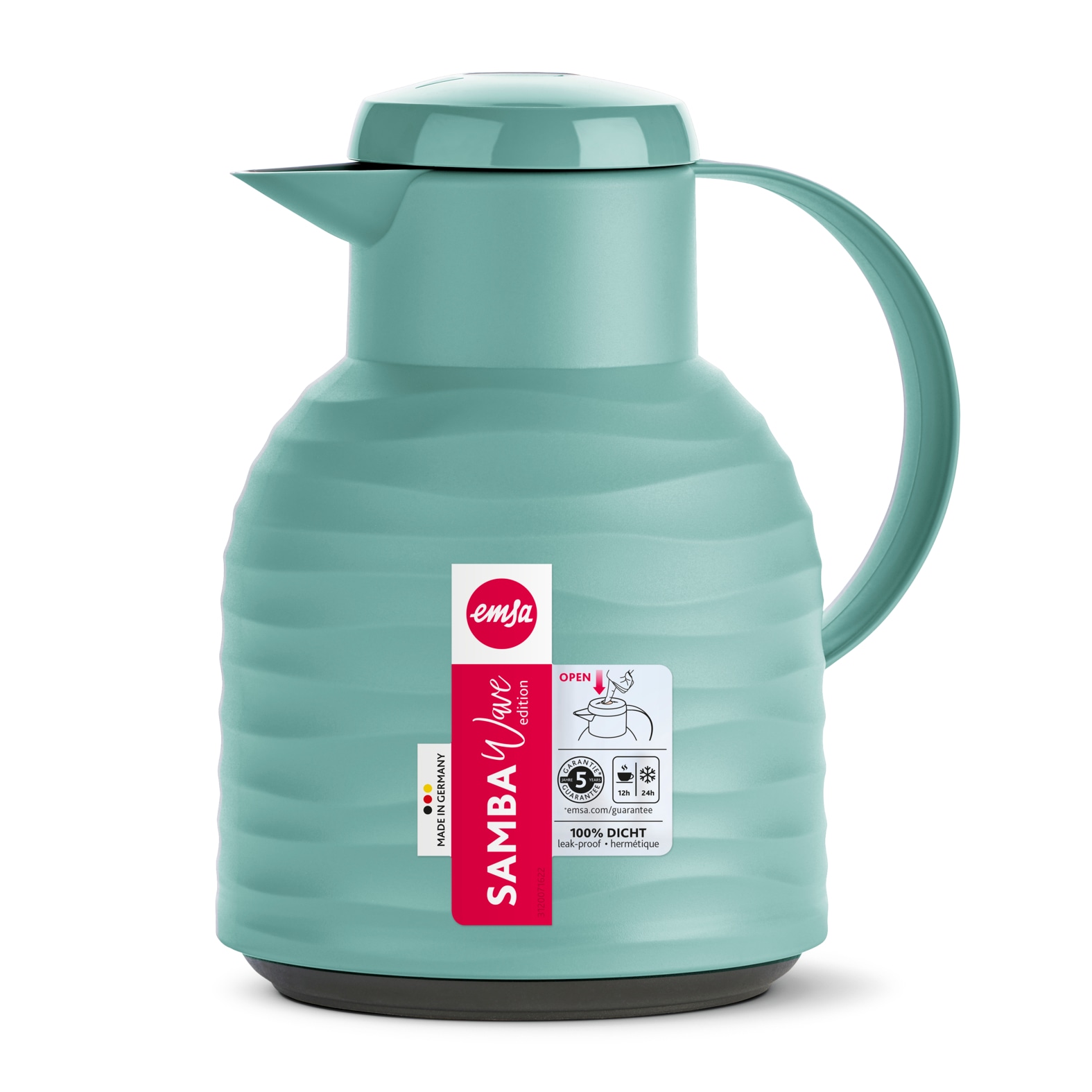Emsa Isolierkanne »Samba Wave«, 1 l, Made in Germany, 12h warm/24h kalt, Quick-Press-Deckel, Glaskolben