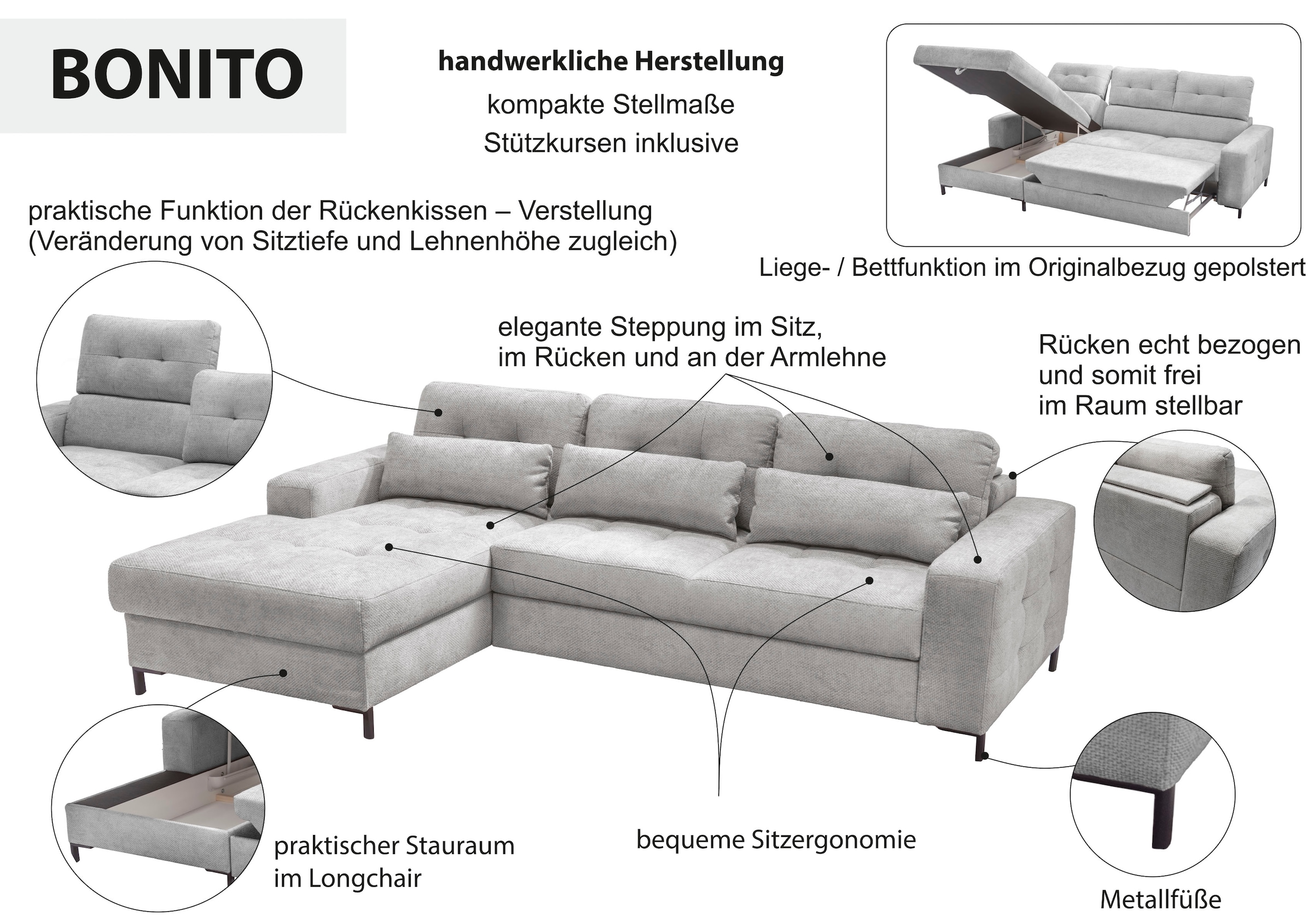 exxpo - sofa fashion Ecksofa »Bonito«, (2 St.), Sitztiefenverstellung,Höhenverstellung